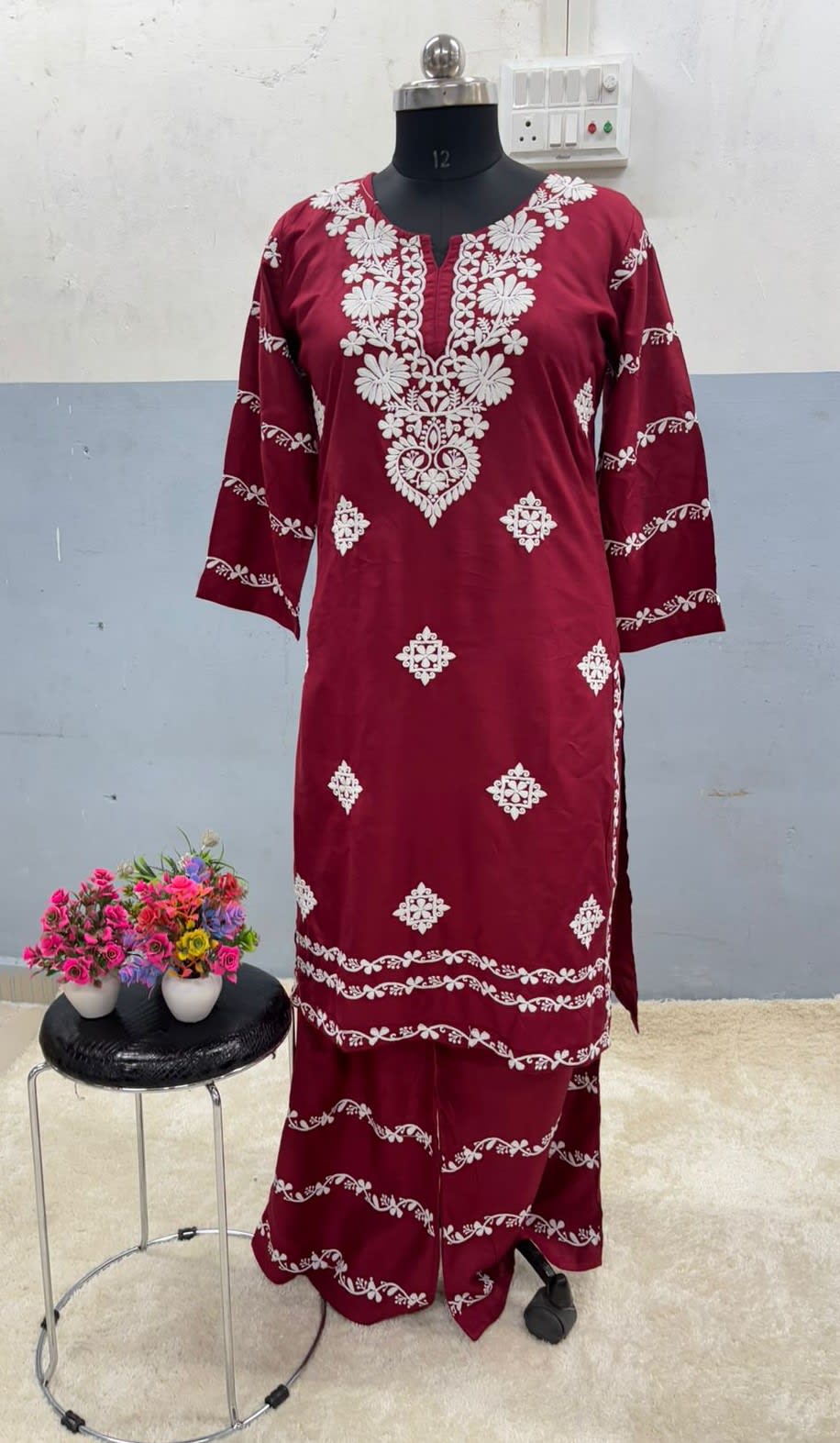Maroon  Chikankari Kurti With Matching Printed Plazzo Suit 2Ps For Women