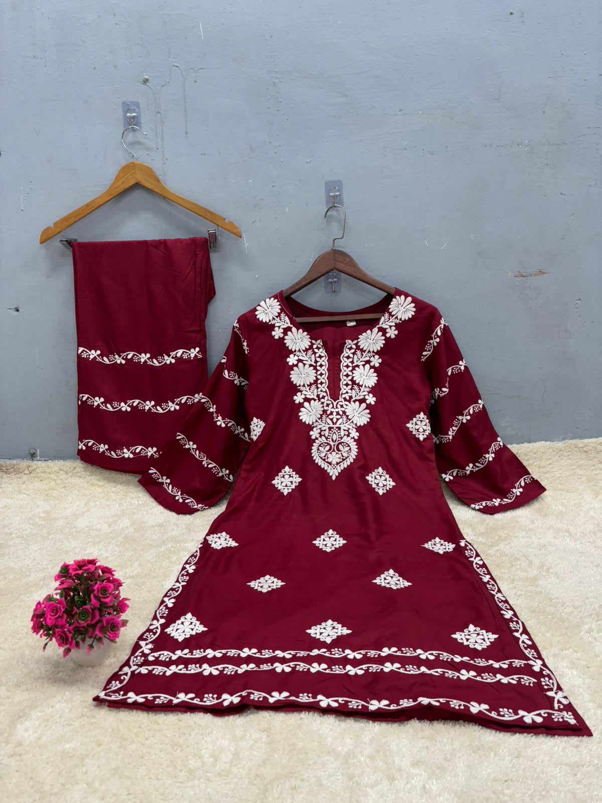 Maroon  Chikankari Kurti With Matching Printed Plazzo Suit 2Ps For Women