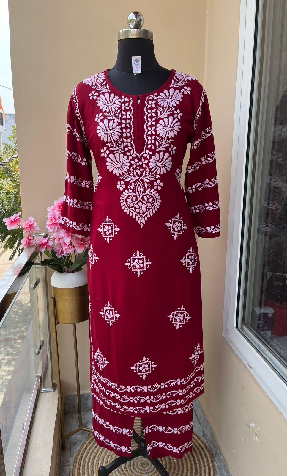 Maroon  Chikankari Kurti With Matching Printed Plazzo Suit 2Ps For Women