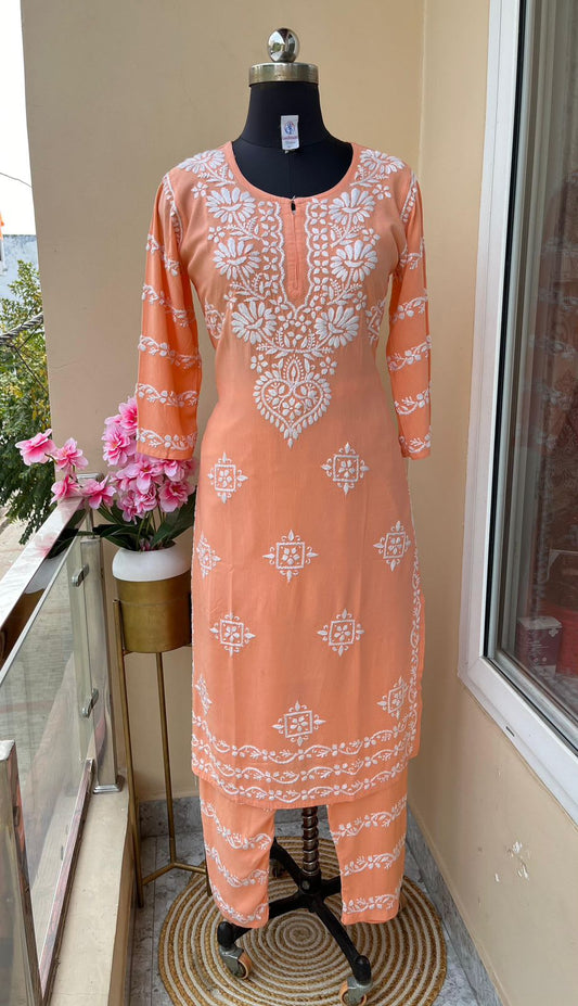 Peach  Chikankari Kurti With Matching Printed Plazzo Suit 2Ps For Women