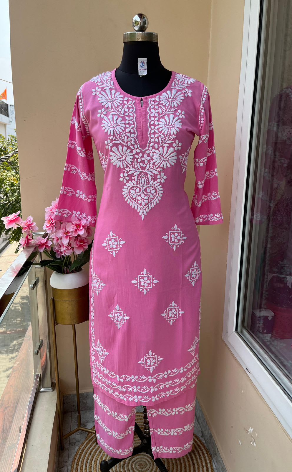 Pink  Chikankari Kurti With Matching Printed Plazzo Suit 2Ps For Women