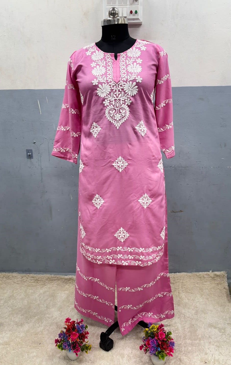 Pink  Chikankari Kurti With Matching Printed Plazzo Suit 2Ps For Women