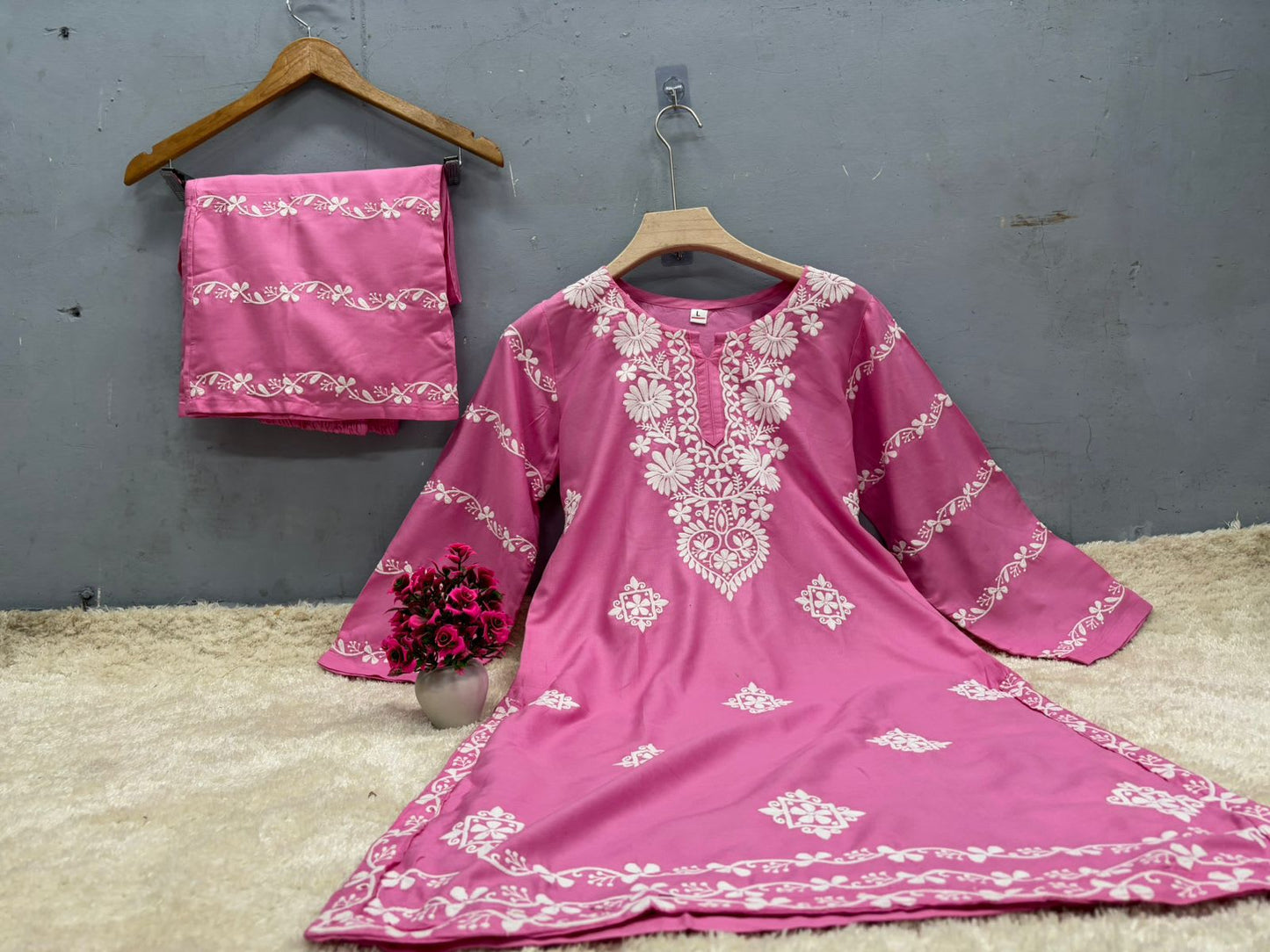 Pink  Chikankari Kurti With Matching Printed Plazzo Suit 2Ps For Women