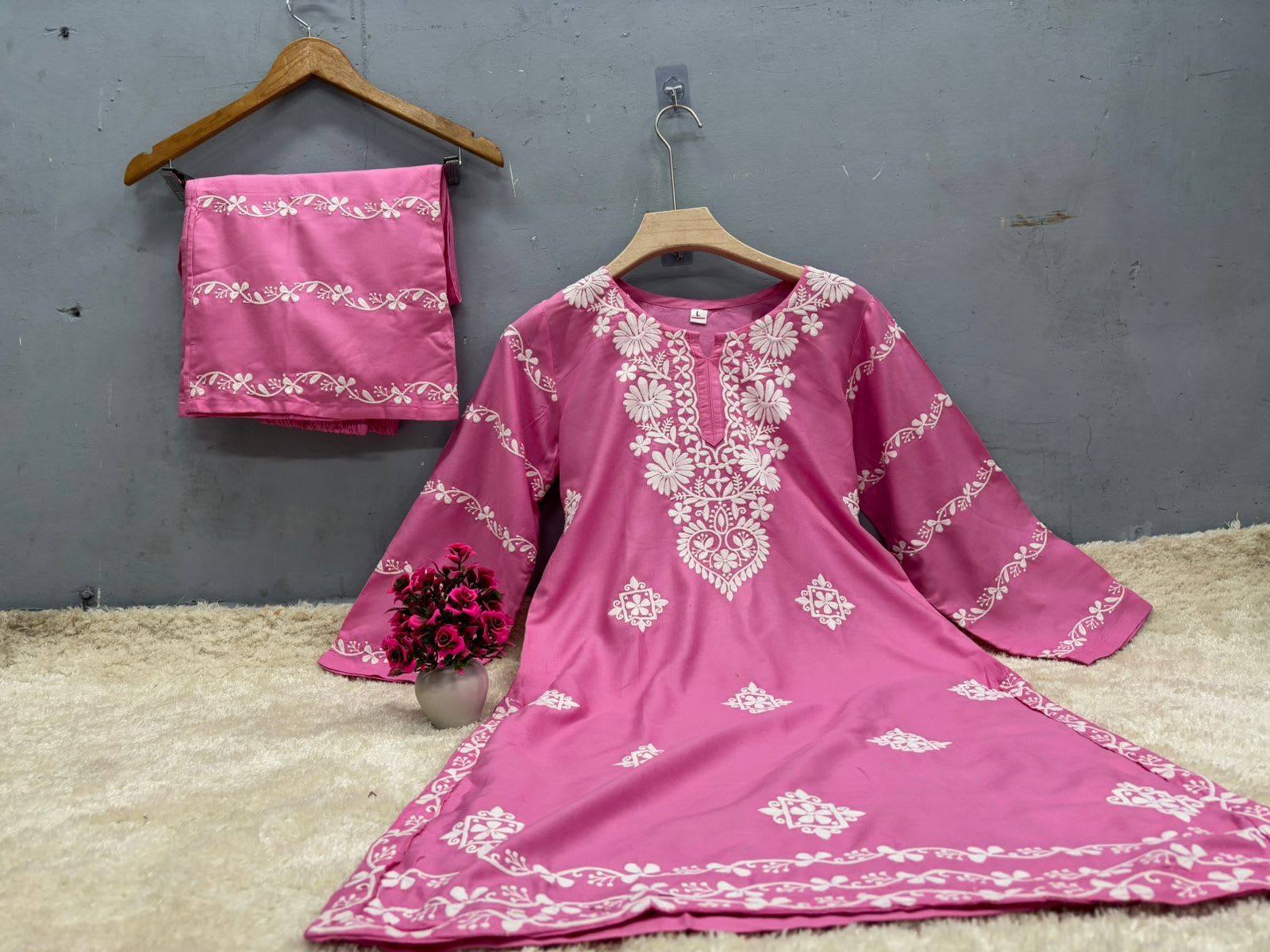 Pink  Chikankari Kurti With Matching Printed Plazzo Suit 2Ps For Women