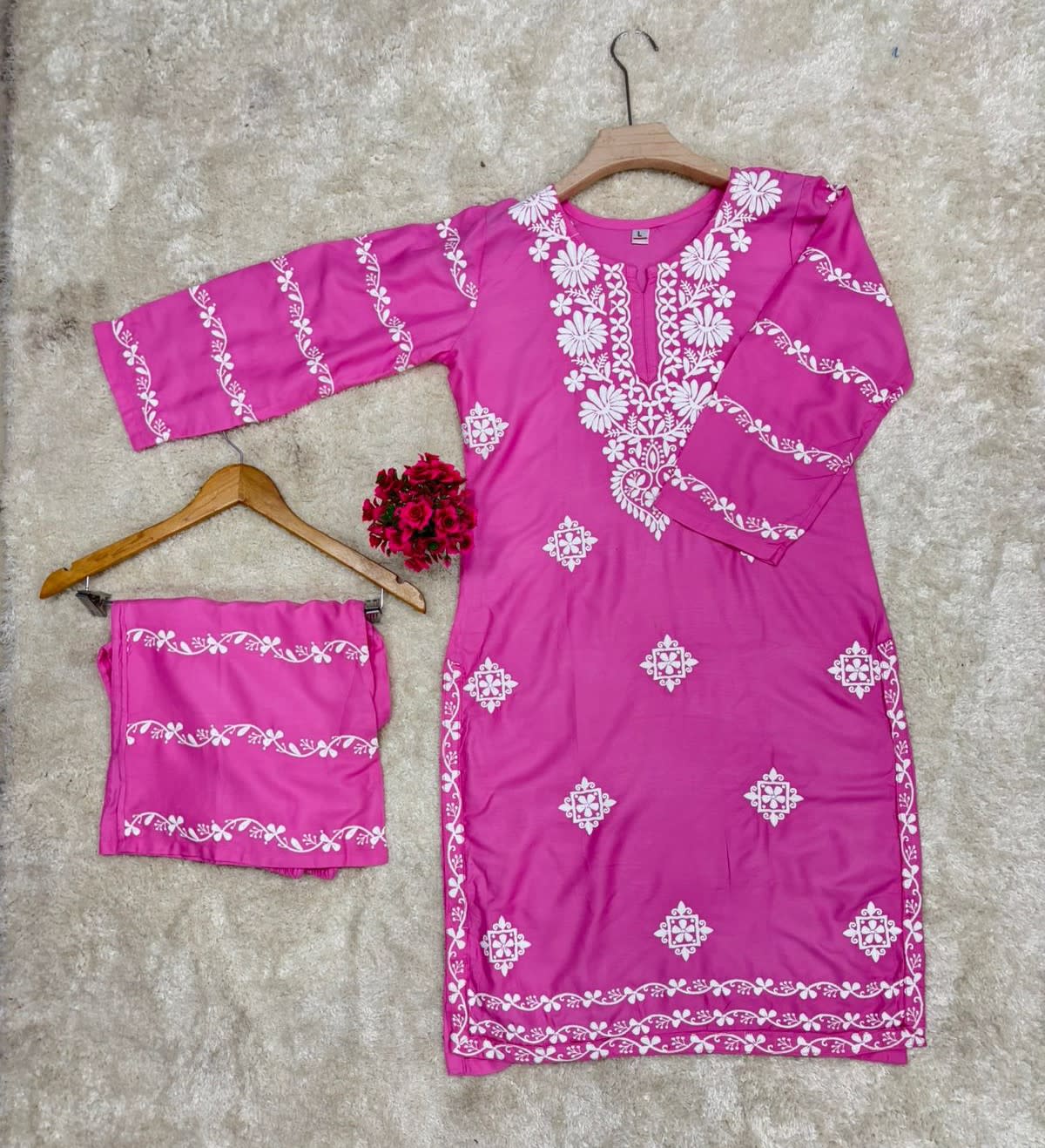 Pink  Chikankari Kurti With Matching Printed Plazzo Suit 2Ps For Women