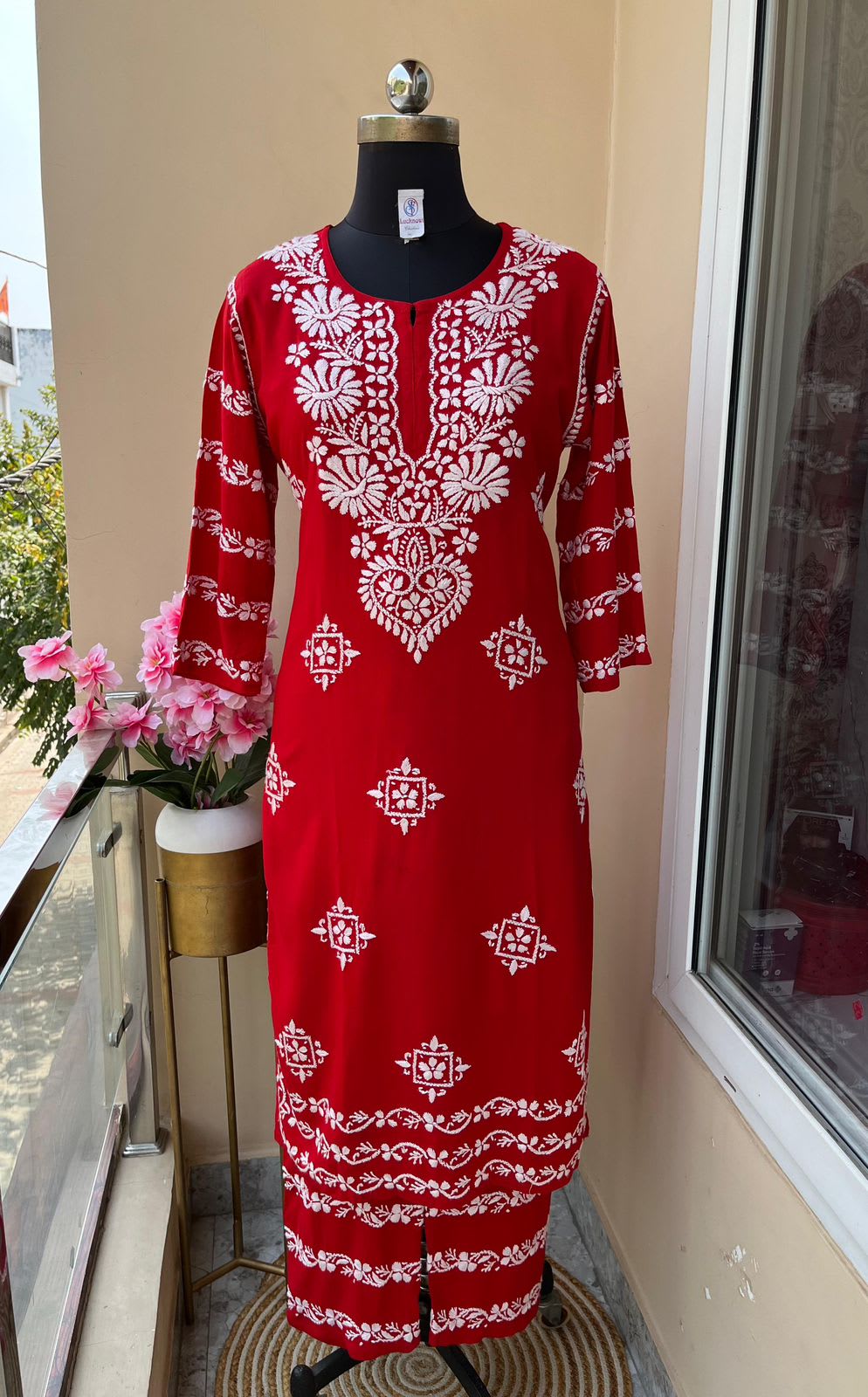Red  Chikankari Kurti With Matching Printed Plazzo Suit 2Ps For Women