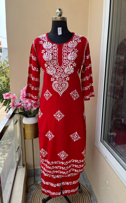 Red  Chikankari Kurti With Matching Printed Plazzo Suit 2Ps For Women
