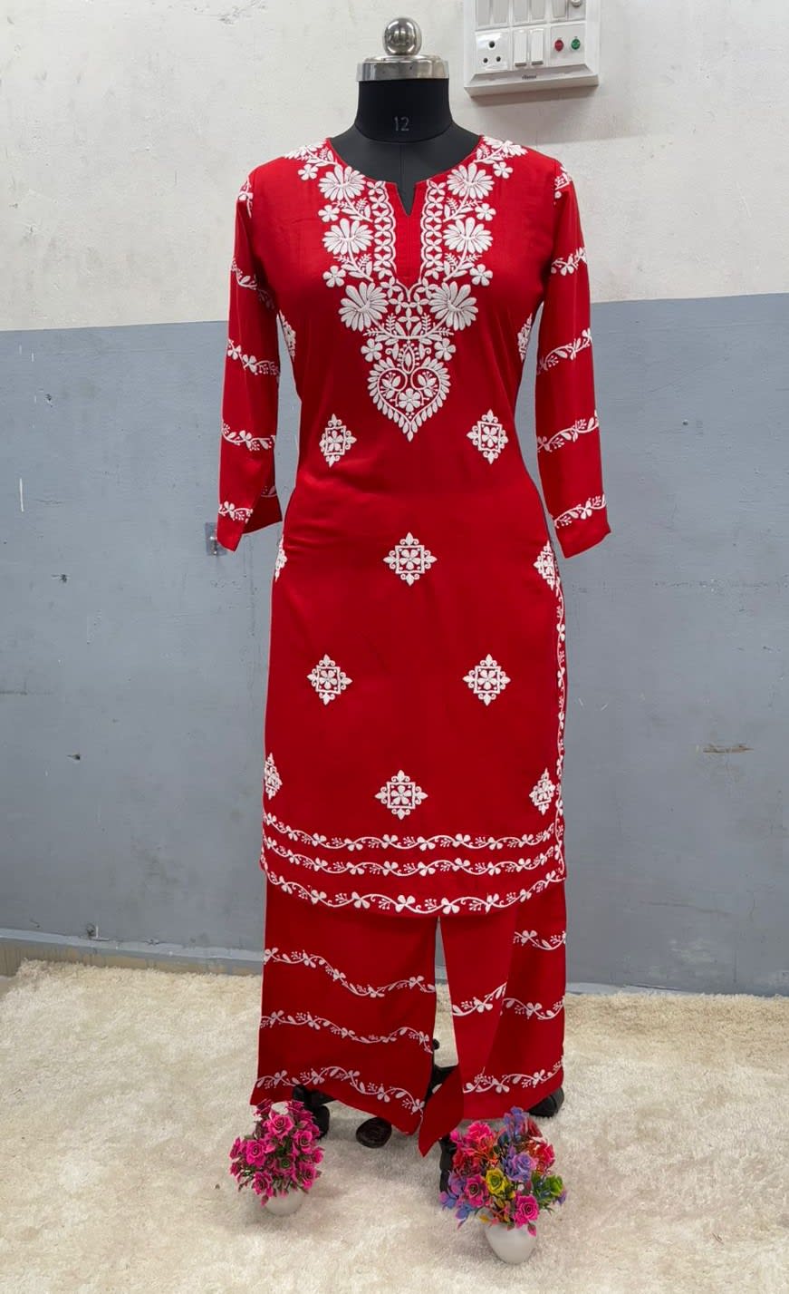 Red  Chikankari Kurti With Matching Printed Plazzo Suit 2Ps For Women