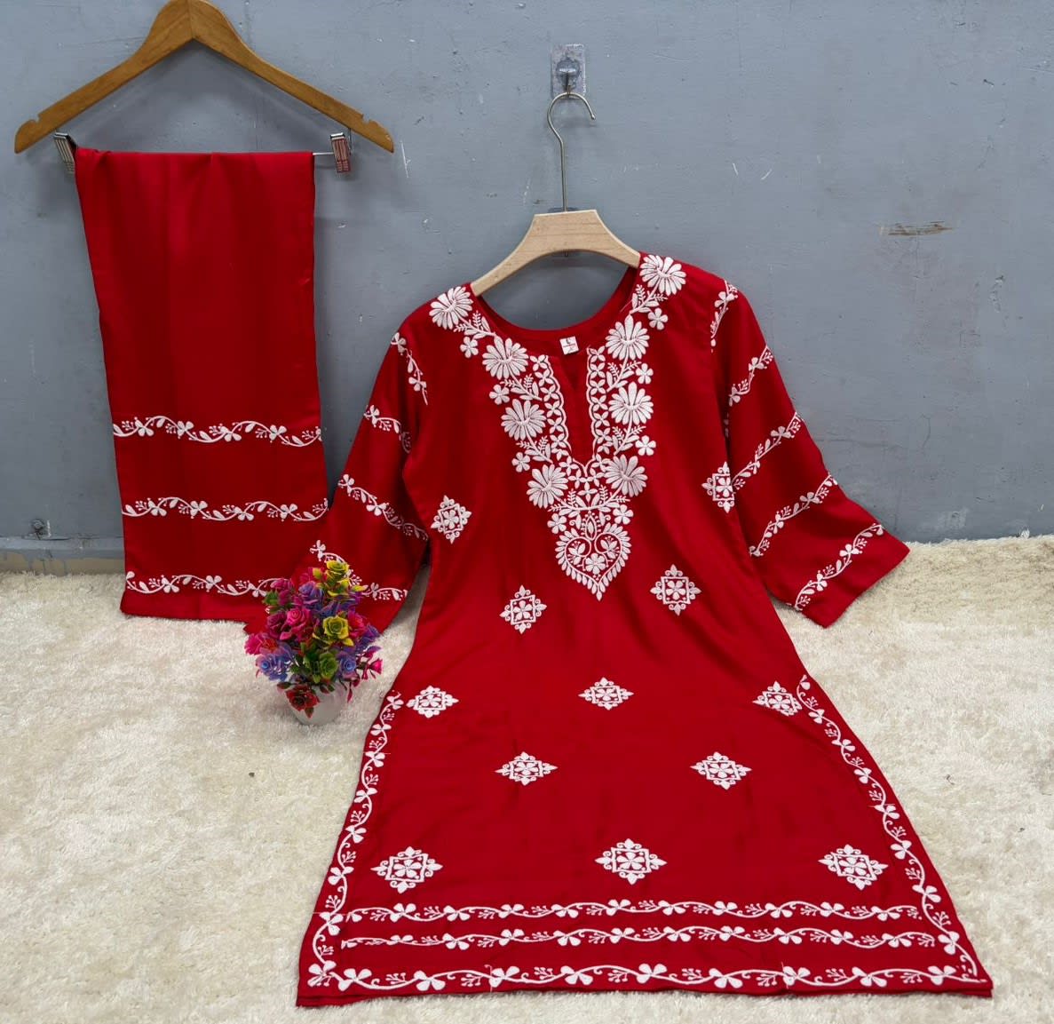 Red  Chikankari Kurti With Matching Printed Plazzo Suit 2Ps For Women