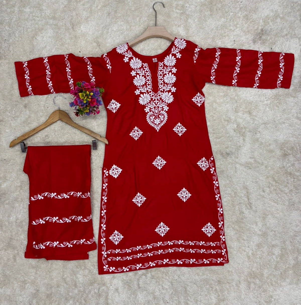 Red  Chikankari Kurti With Matching Printed Plazzo Suit 2Ps For Women