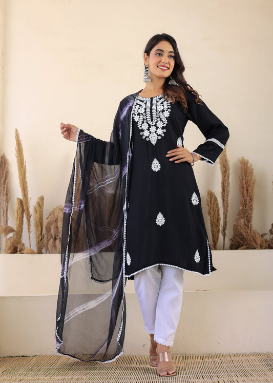 Black Rayon Embroidered Kurta, Pant With Dupatta Set For Women
