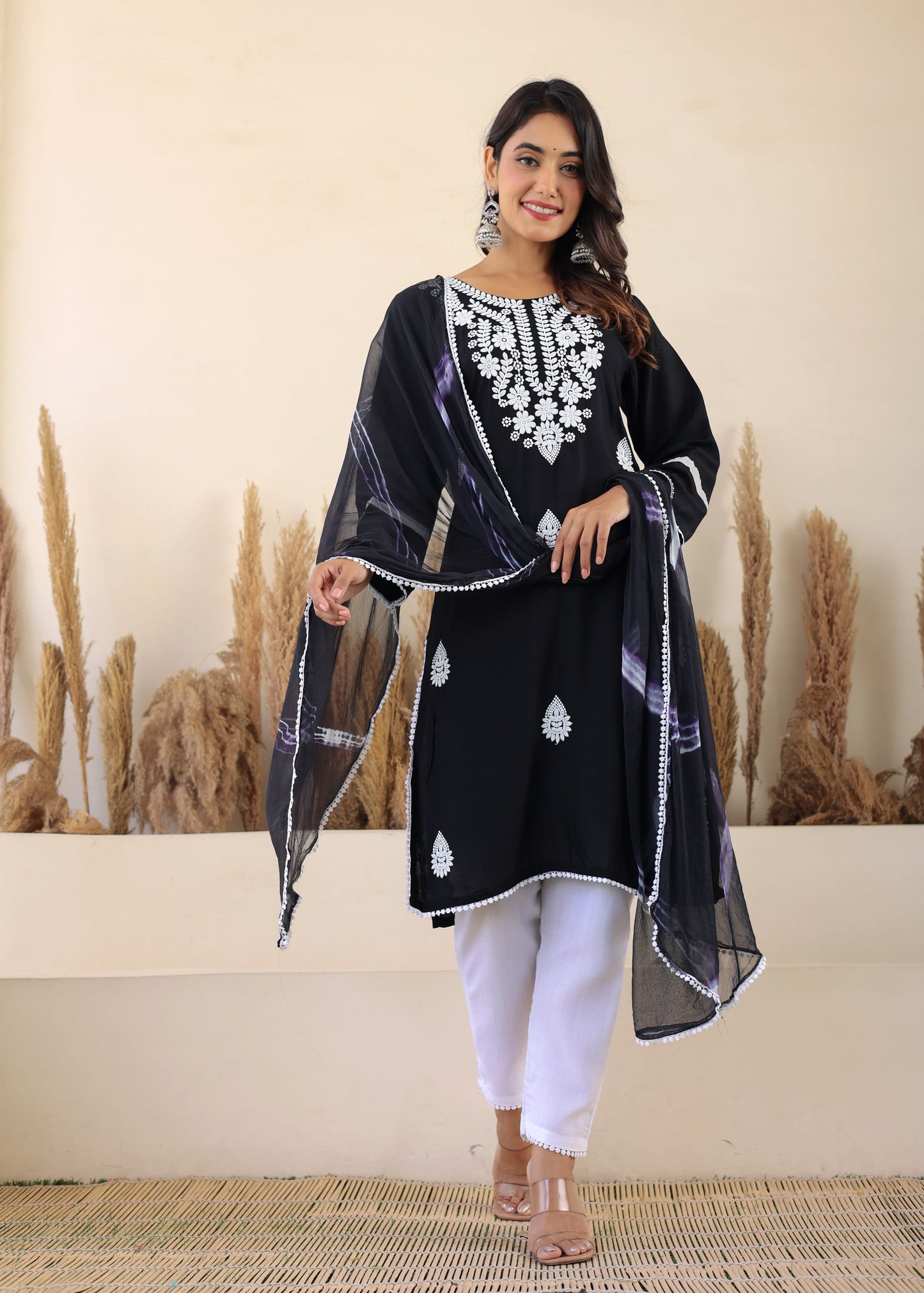Black Rayon Embroidered Kurta, Pant With Dupatta Set For Women
