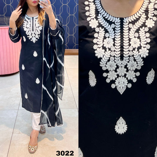 BLACK Women's Rayon Chikankari Kurti With Dupatta And Bottom Wear 3 Piece Set