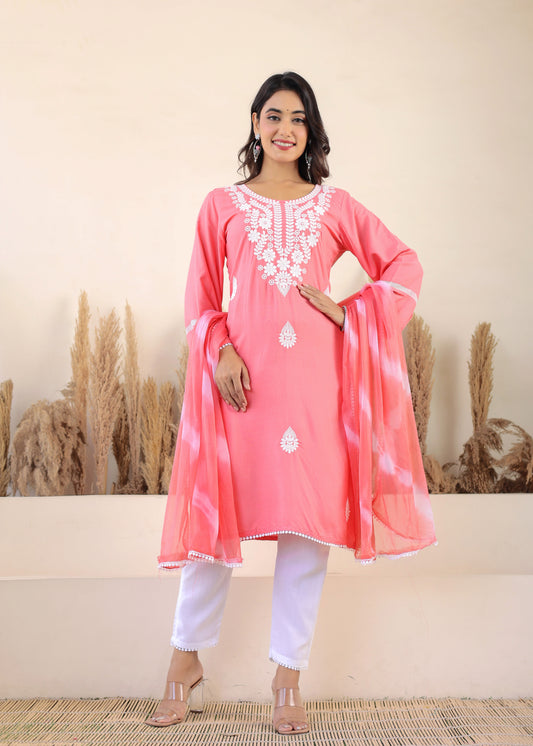 Coral Rayon Embroidered Kurta, Pant With Dupatta Set For Women