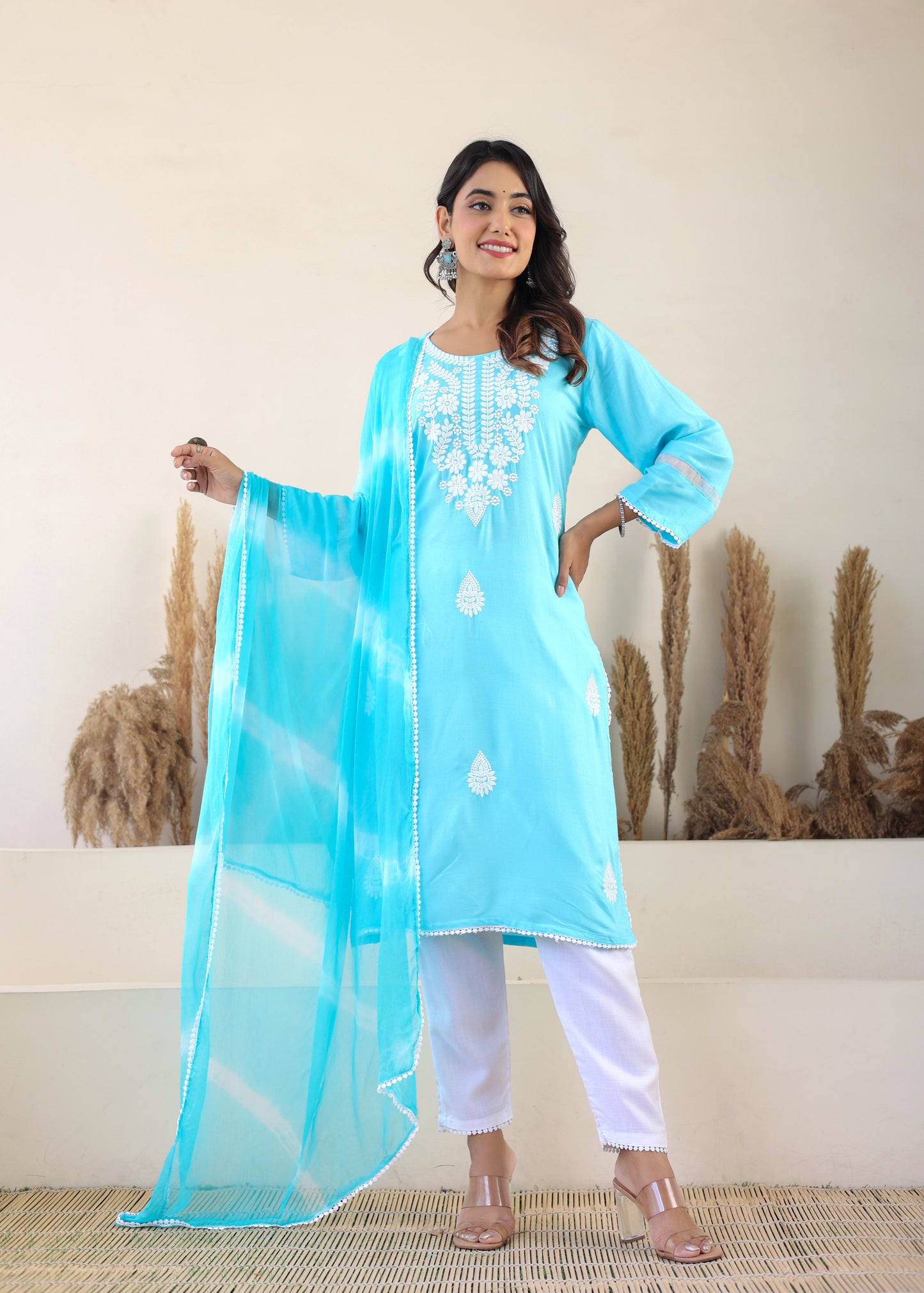 Firoji Rayon Embroidered Kurta, Pant With Dupatta Set For Women