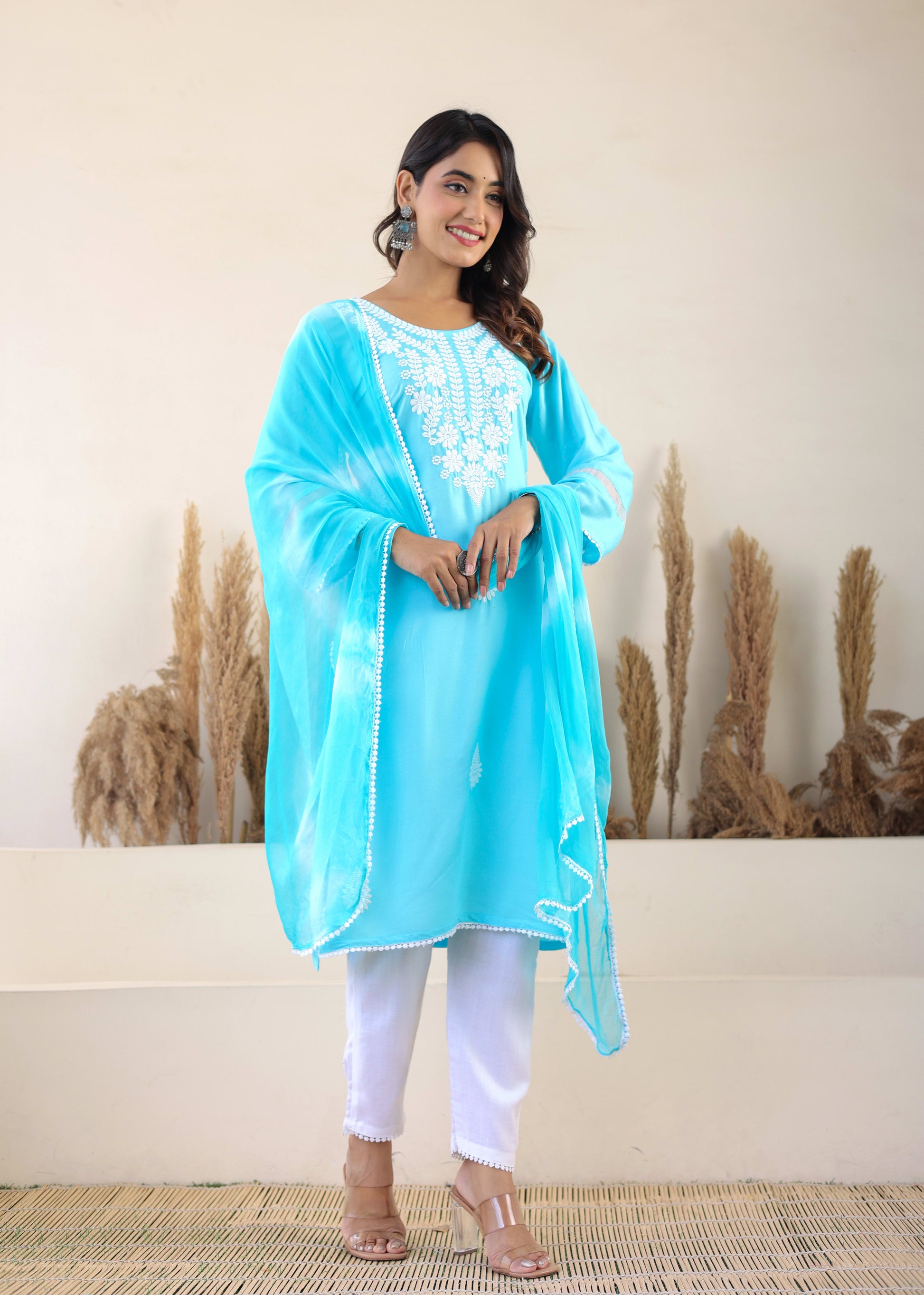 Firoji Rayon Embroidered Kurta, Pant With Dupatta Set For Women