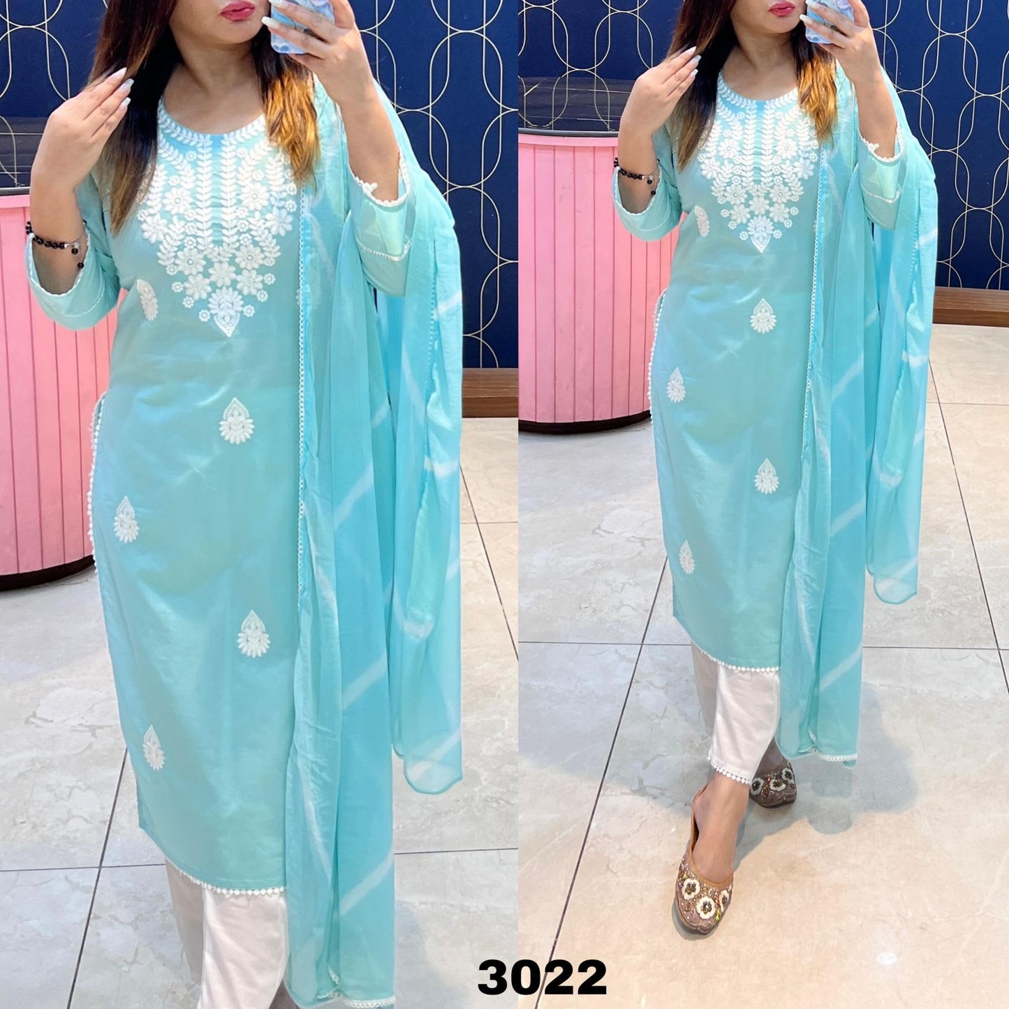 FIROJI Women's Rayon Chikankari Kurti With Dupatta And Bottom Wear 3 Piece Set