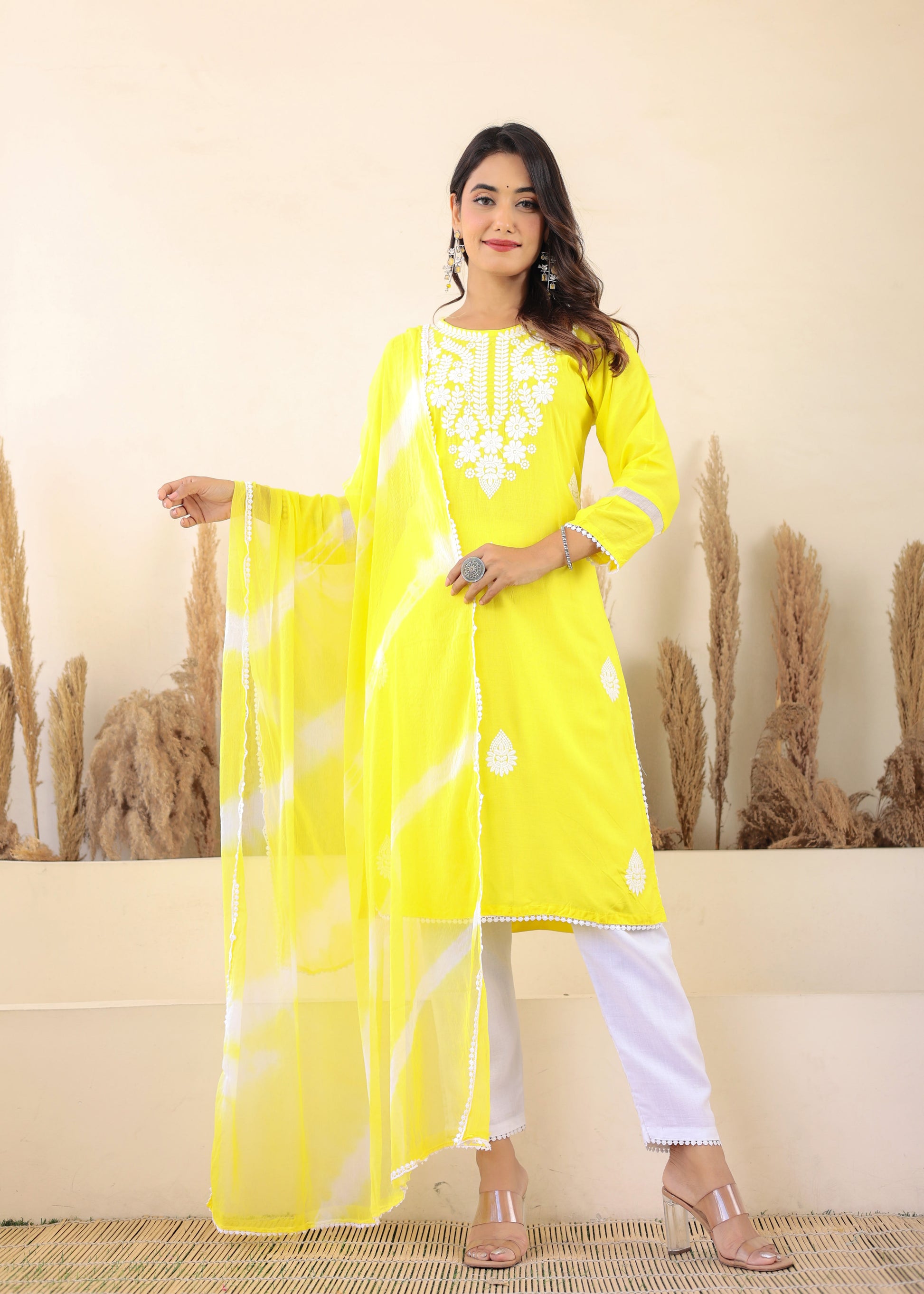 Lemon Rayon Embroidered Kurta, Pant With Dupatta Set For Women