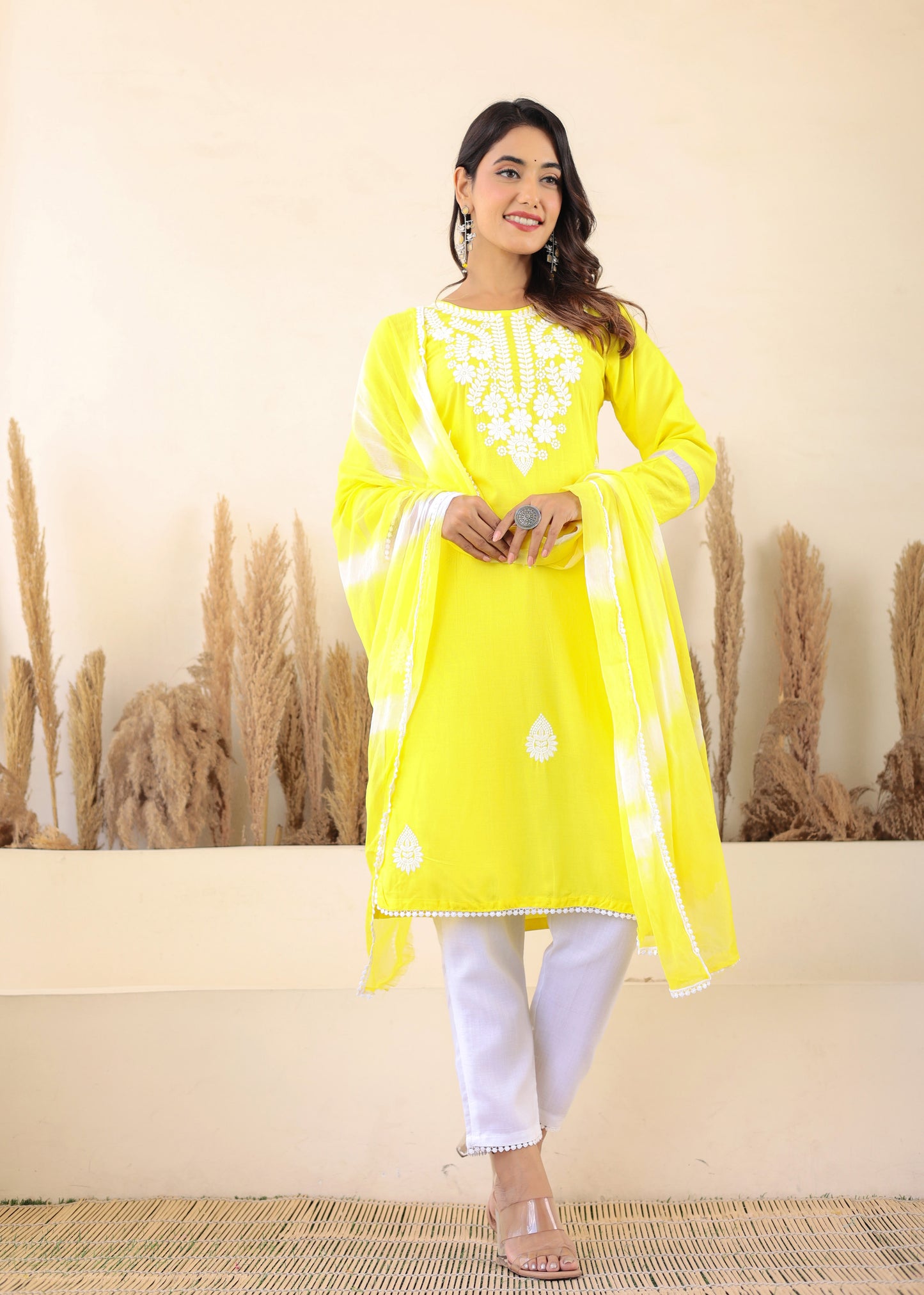 Lemon Rayon Embroidered Kurta, Pant With Dupatta Set For Women