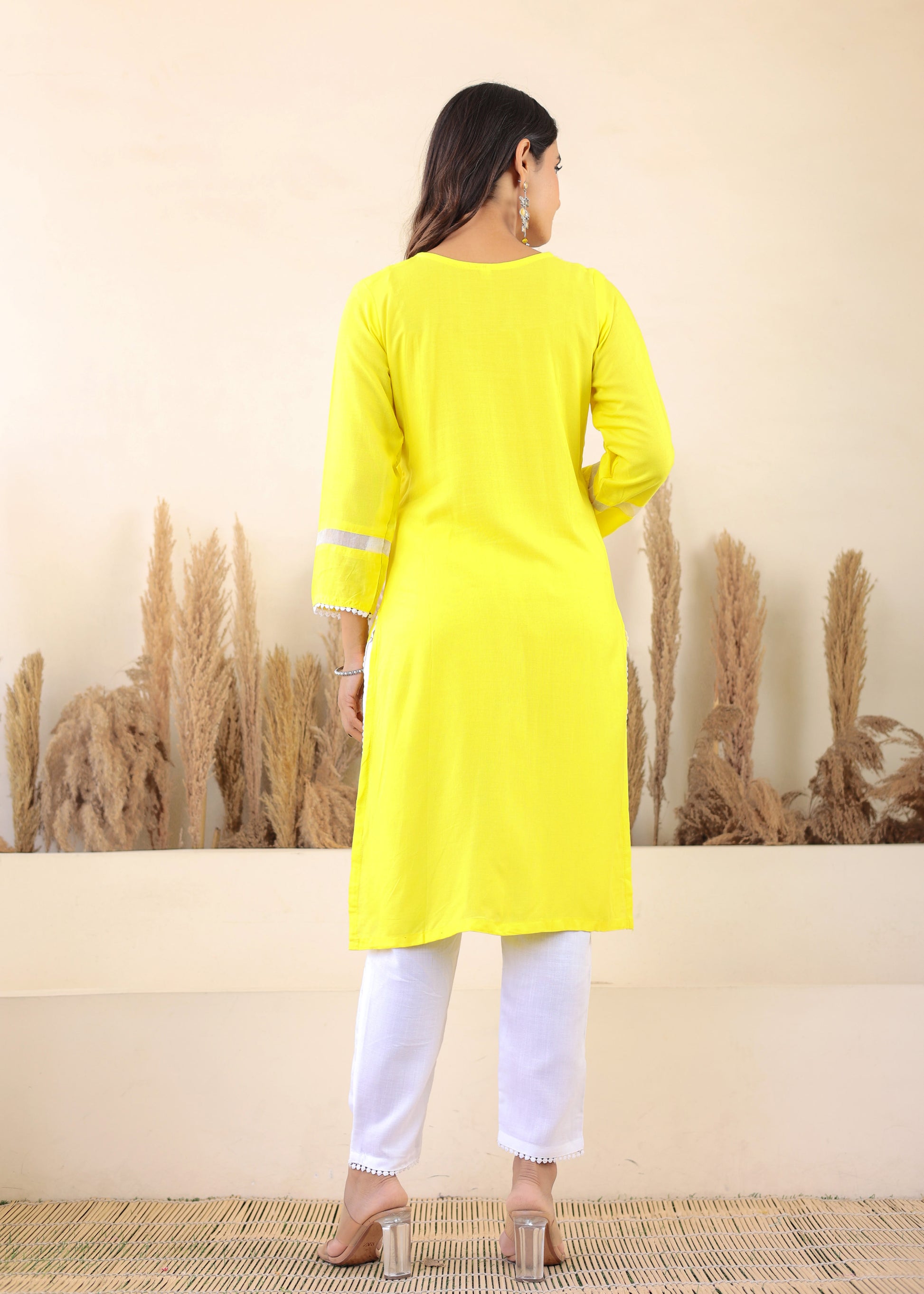 Lemon Rayon Embroidered Kurta, Pant With Dupatta Set For Women