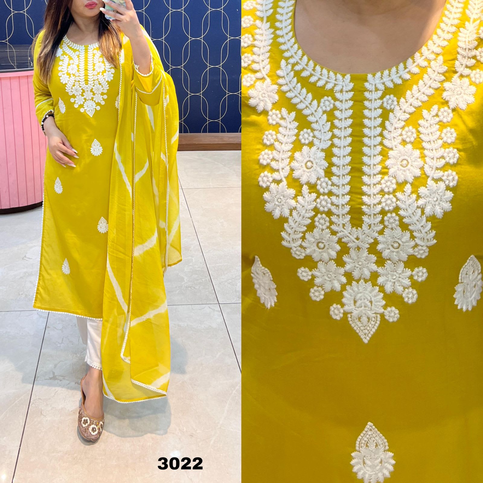 LEMON Women's Rayon Chikankari Kurti With Dupatta And Bottom Wear 3 Piece Set