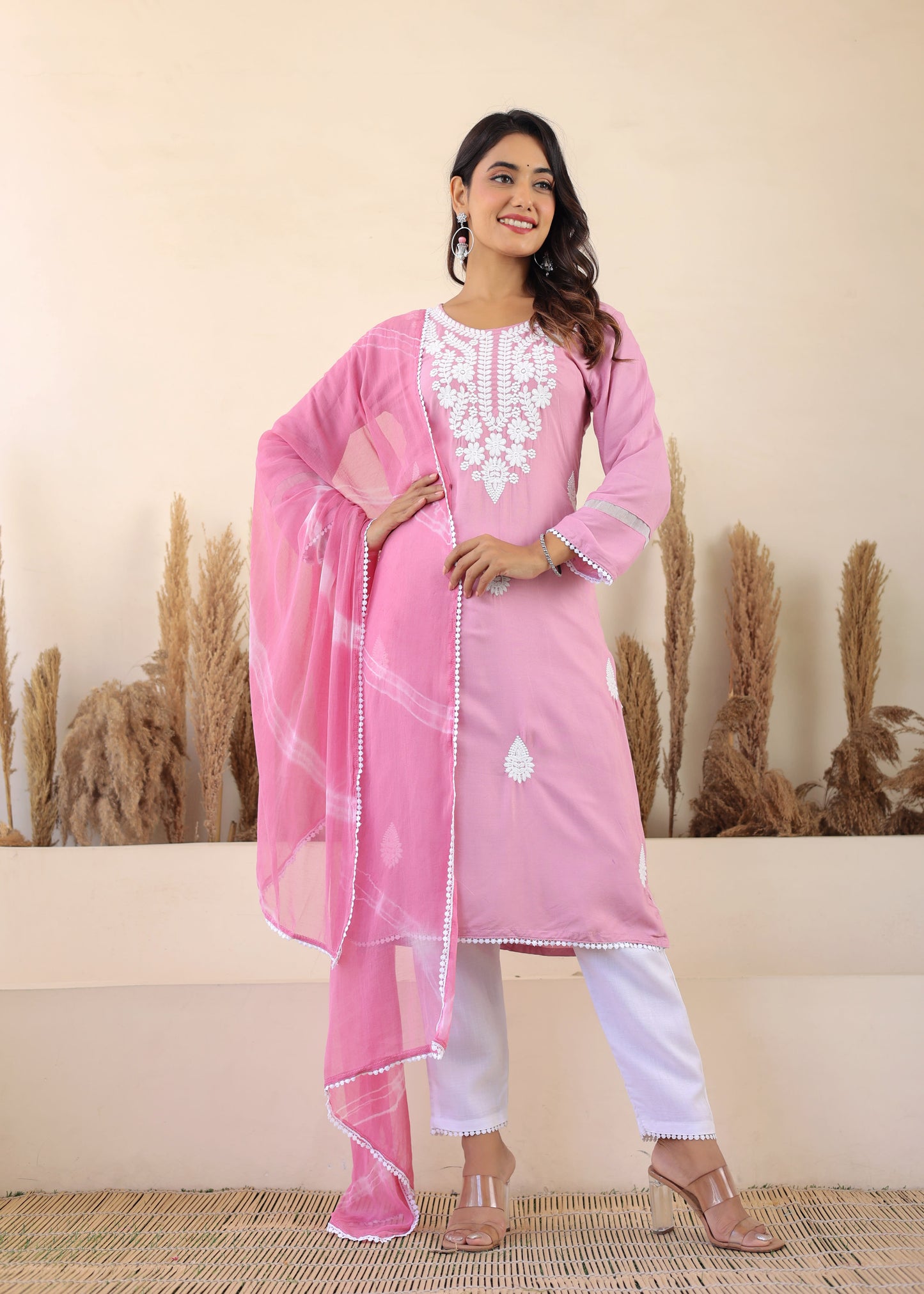 Pyazi Rayon Embroidered Kurta, Pant With Dupatta Set For Women