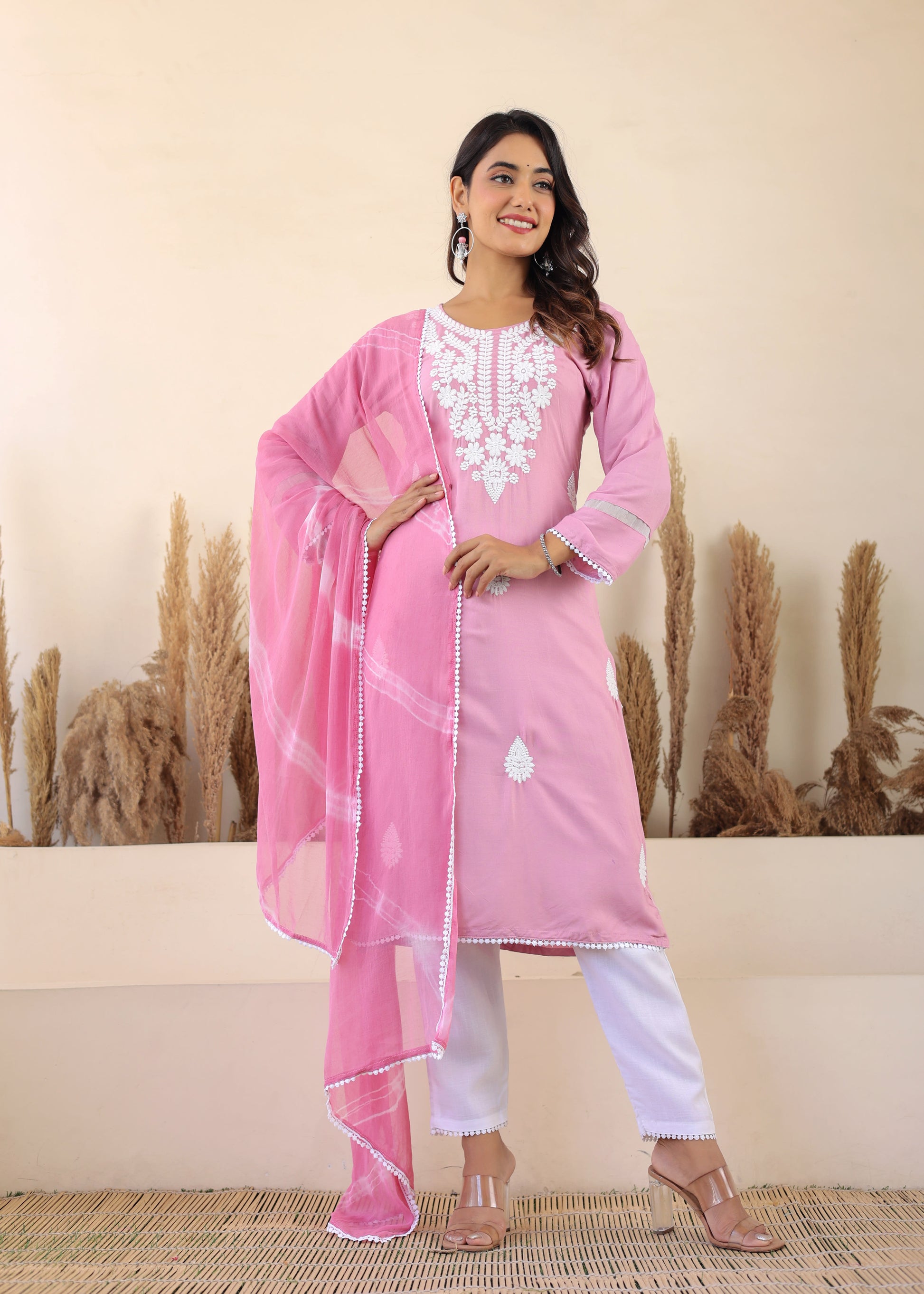 Pyazi Rayon Embroidered Kurta, Pant With Dupatta Set For Women