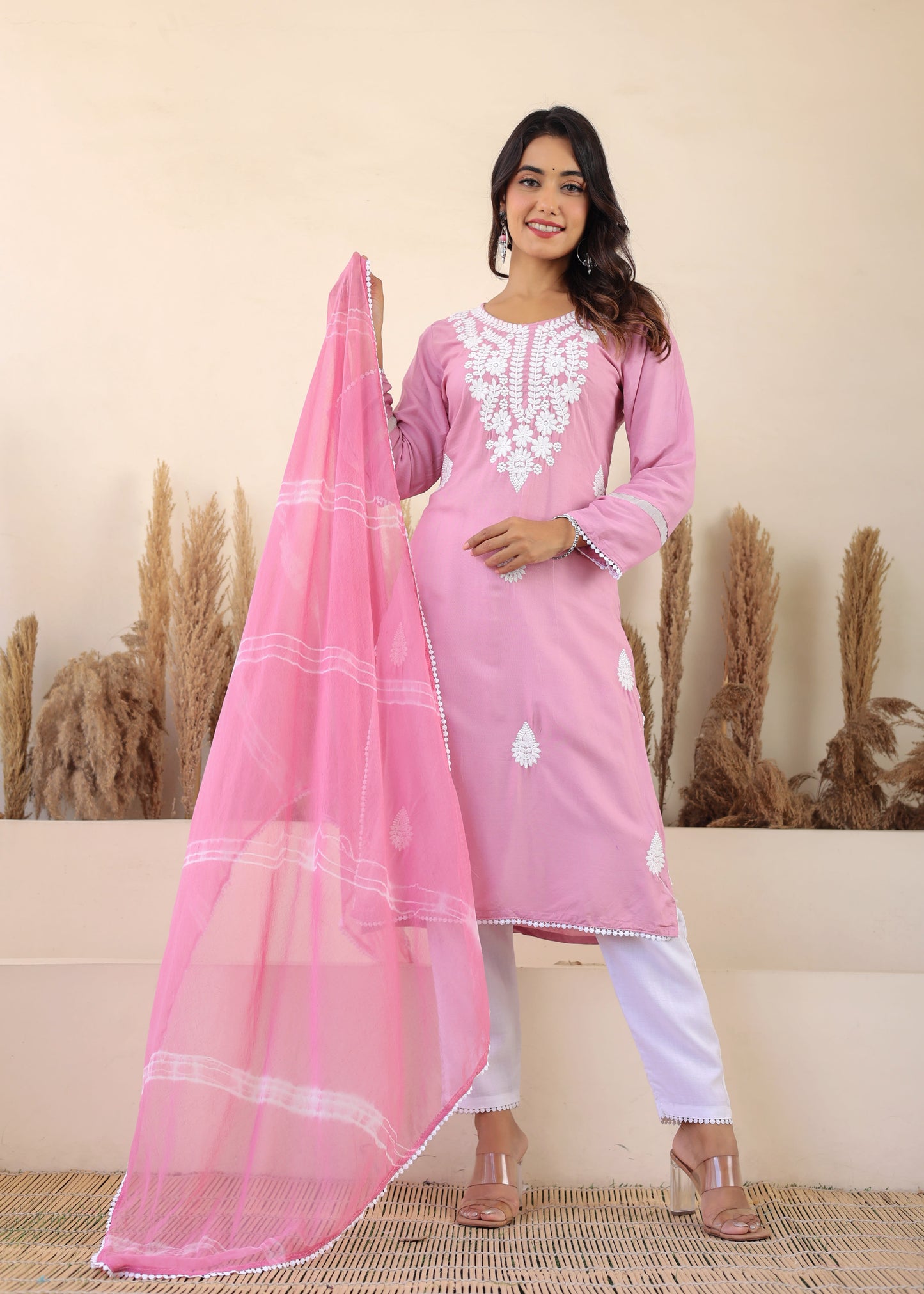 Pyazi Rayon Embroidered Kurta, Pant With Dupatta Set For Women