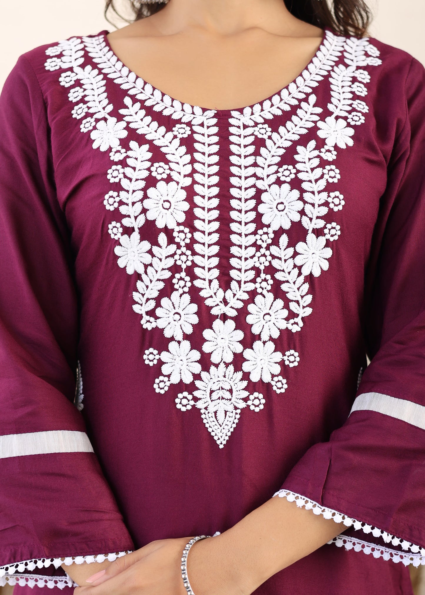 Wine Rayon Embroidered Kurta, Pant With Dupatta Set For Women