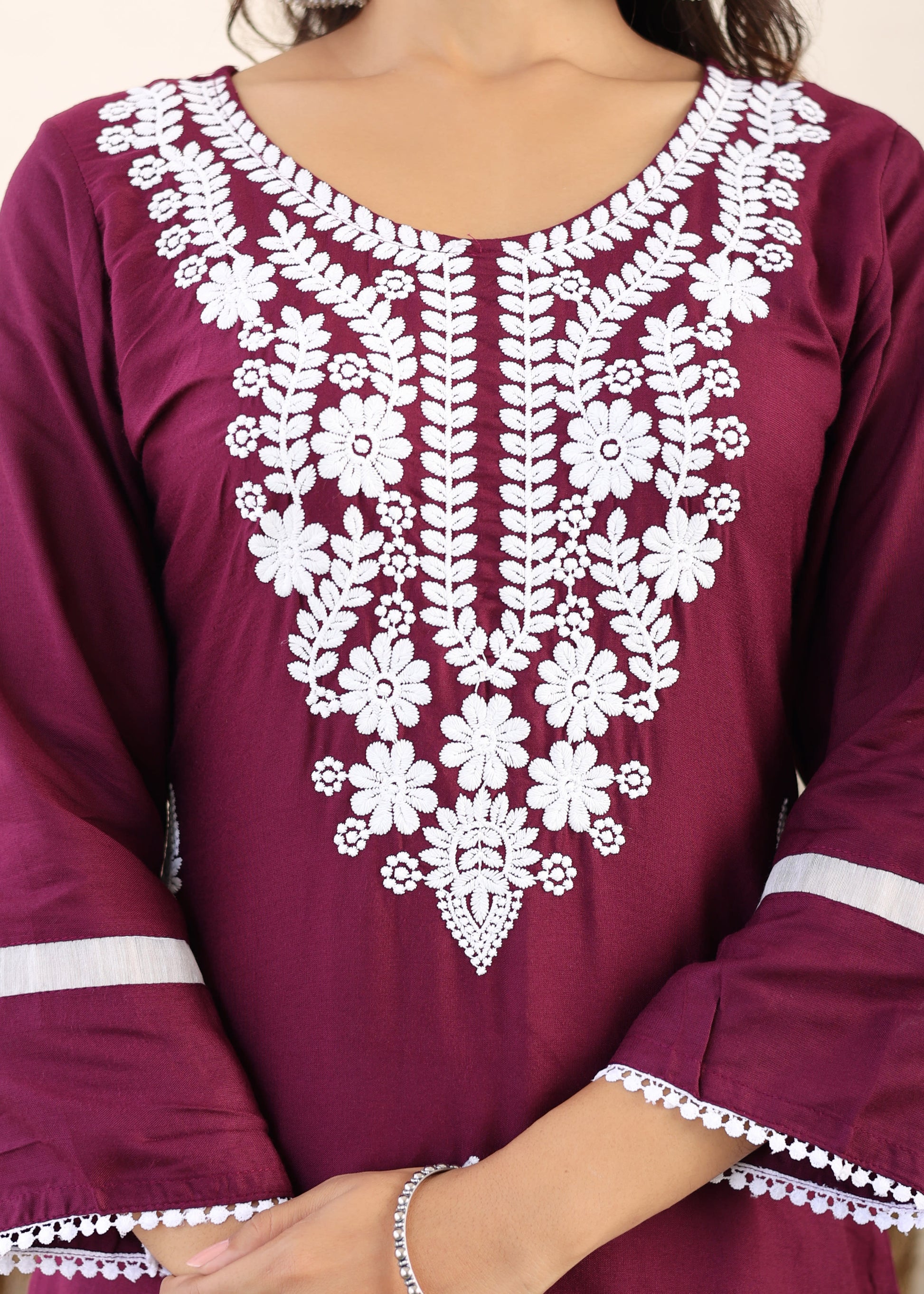 Wine Rayon Embroidered Kurta, Pant With Dupatta Set For Women
