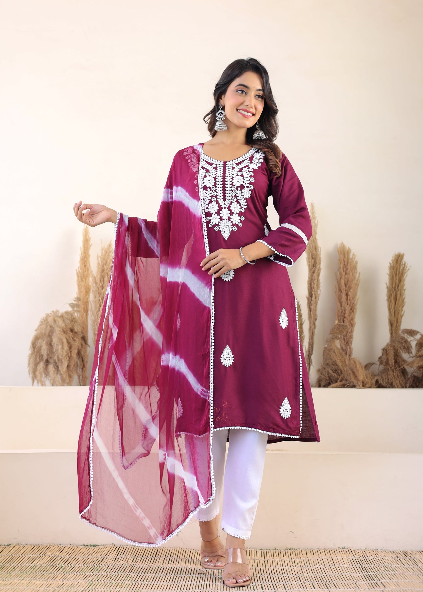 Wine Rayon Embroidered Kurta, Pant With Dupatta Set For Women
