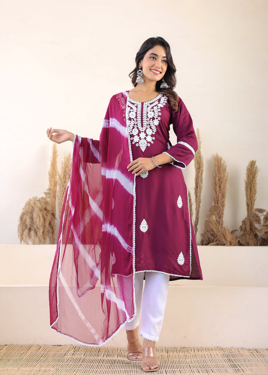 Wine Rayon Embroidered Kurta, Pant With Dupatta Set For Women