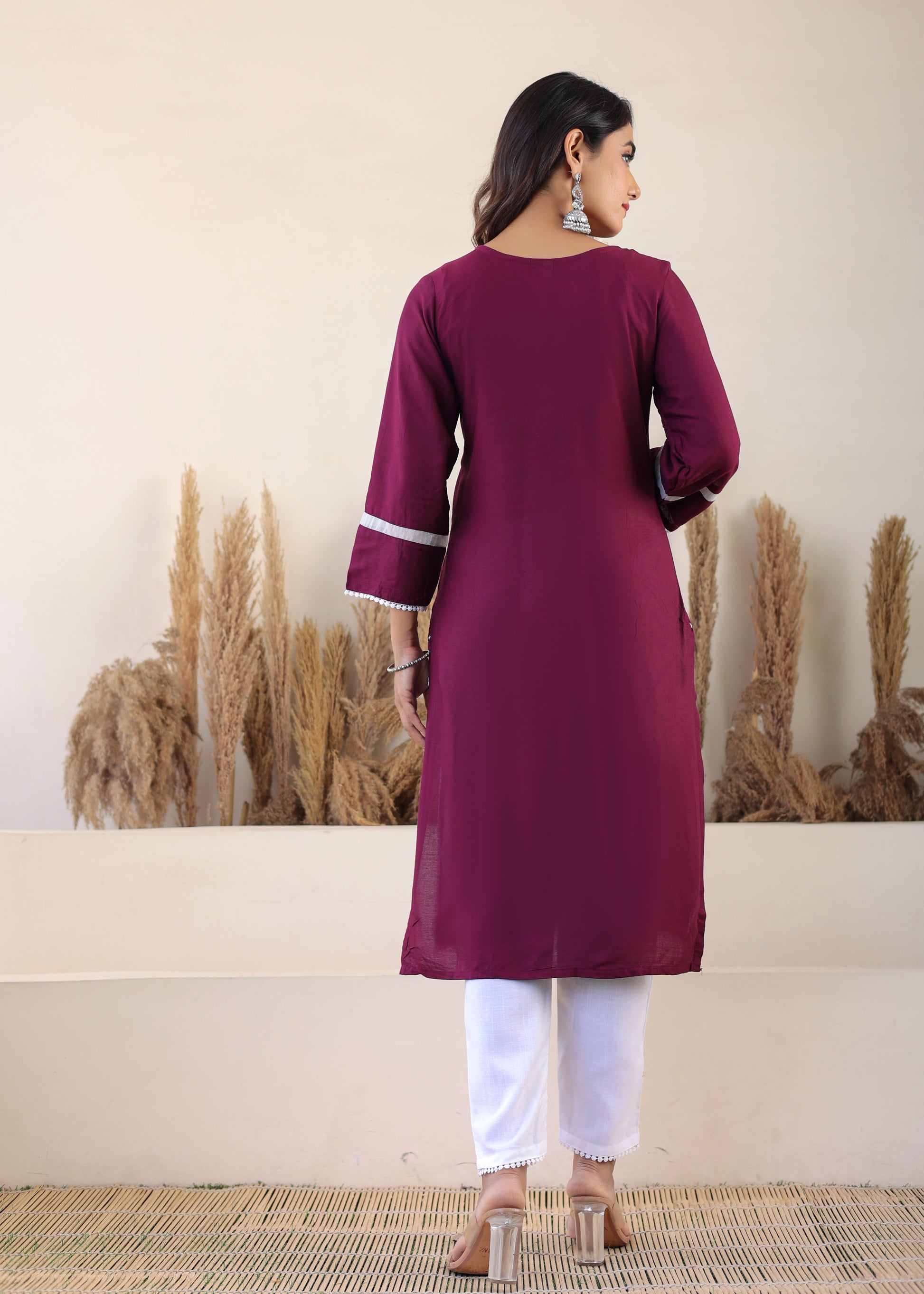Wine Rayon Embroidered Kurta, Pant With Dupatta Set For Women