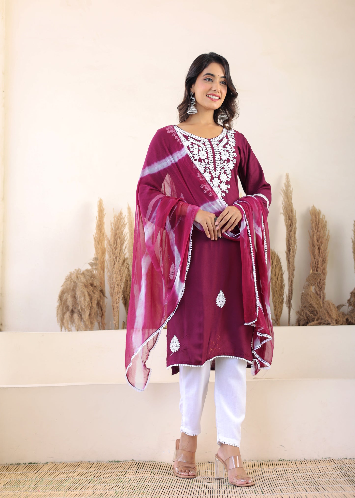 Wine Rayon Embroidered Kurta, Pant With Dupatta Set For Women