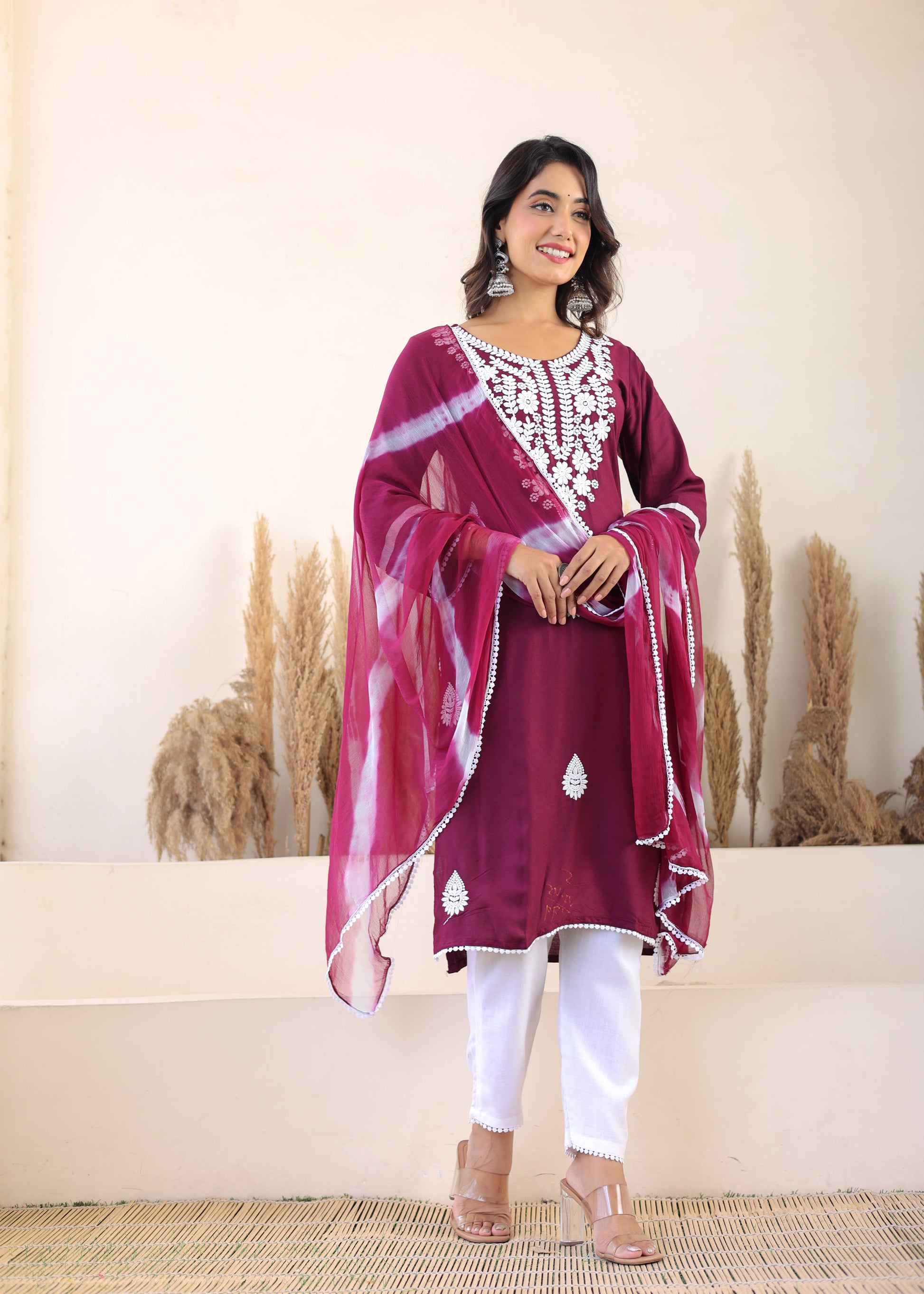 Wine Rayon Embroidered Kurta, Pant With Dupatta Set For Women