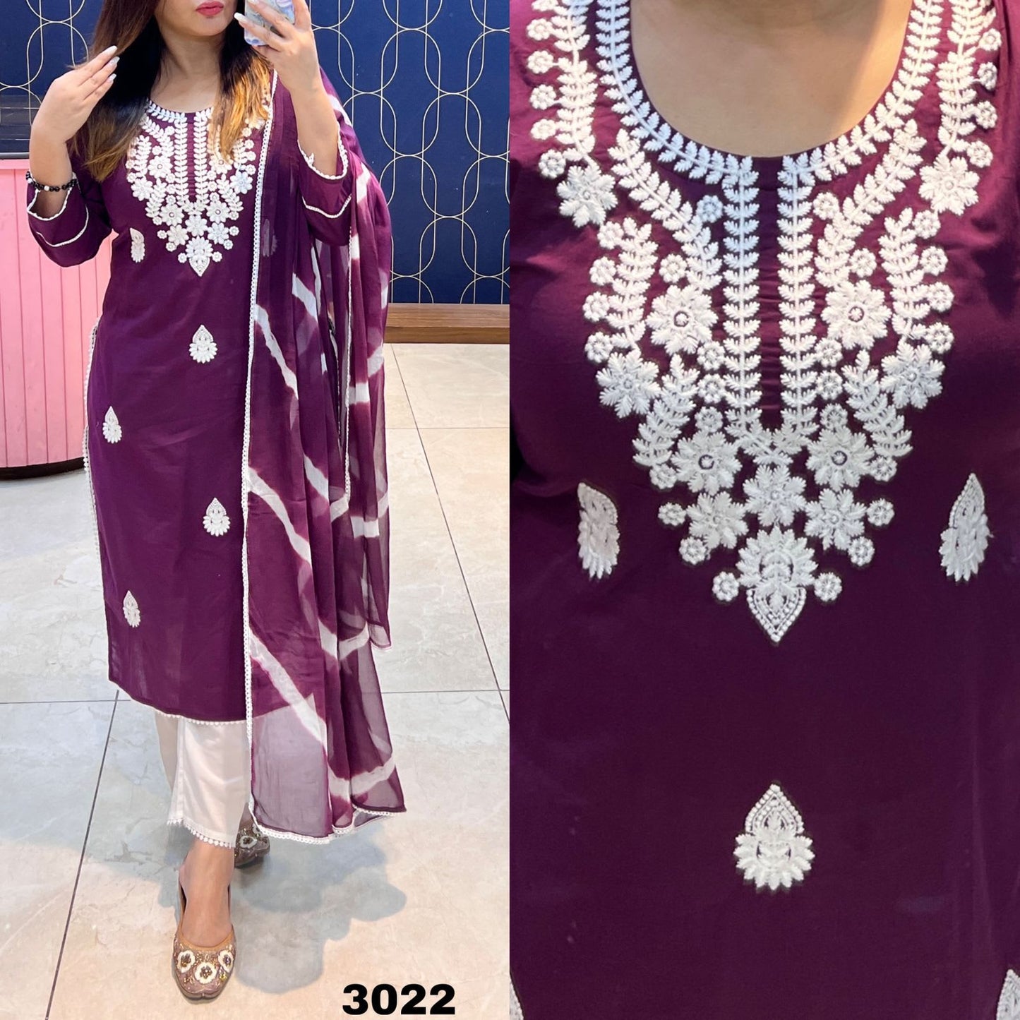 WINE Women's Rayon Chikankari Kurti With Dupatta And Bottom Wear 3 Piece Set
