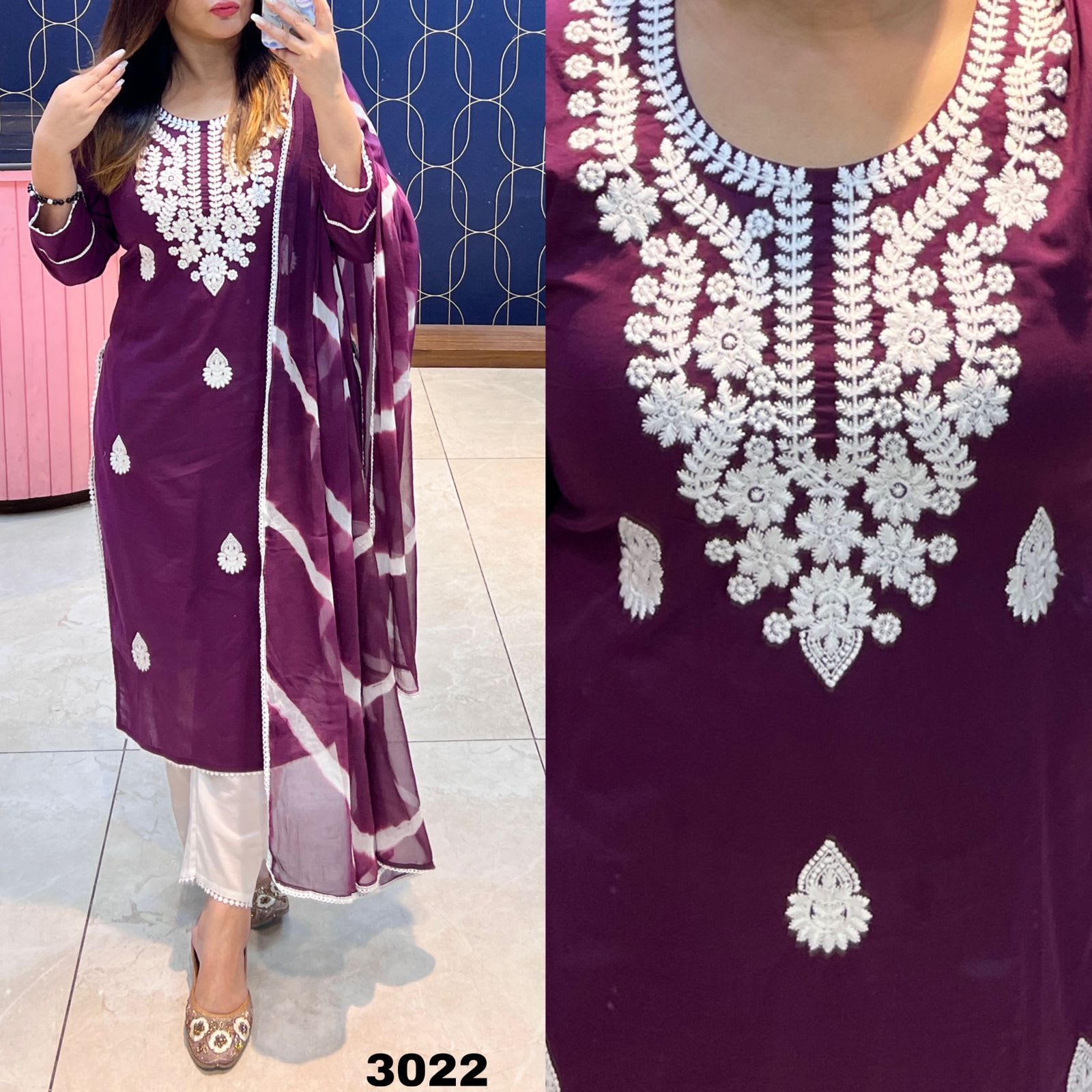 WINE Women's Rayon Chikankari Kurti With Dupatta And Bottom Wear 3 Piece Set