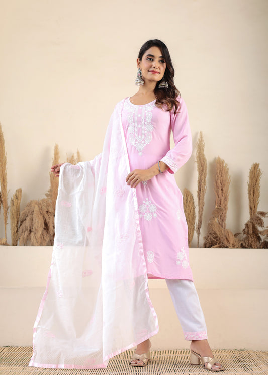 Baby Pink Rayon Chikankari Kurti With Dupatta And Bottom Wear 3 Piece Set For Women
