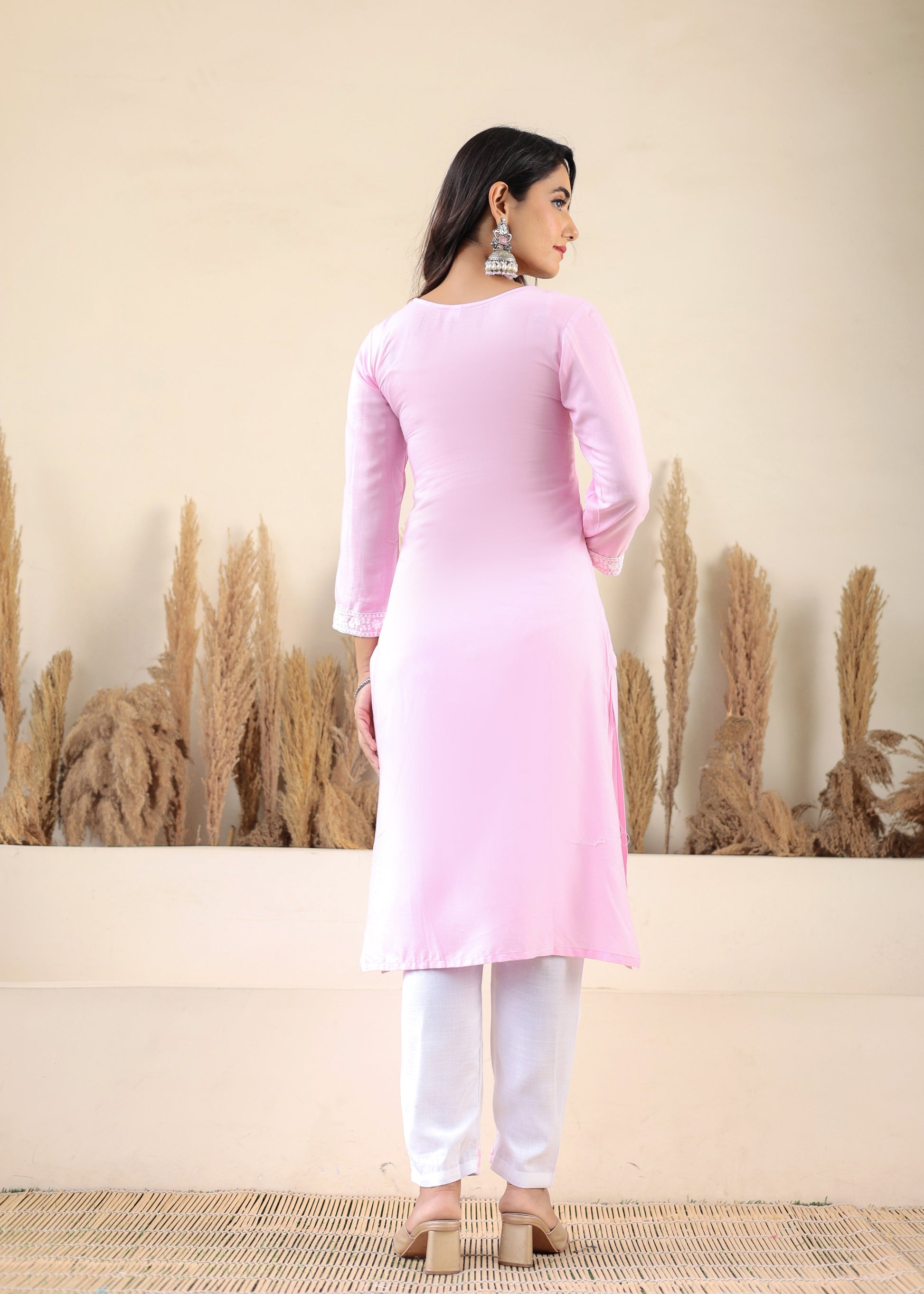 Baby Pink Rayon Chikankari Kurti With Dupatta And Bottom Wear 3 Piece Set For Women