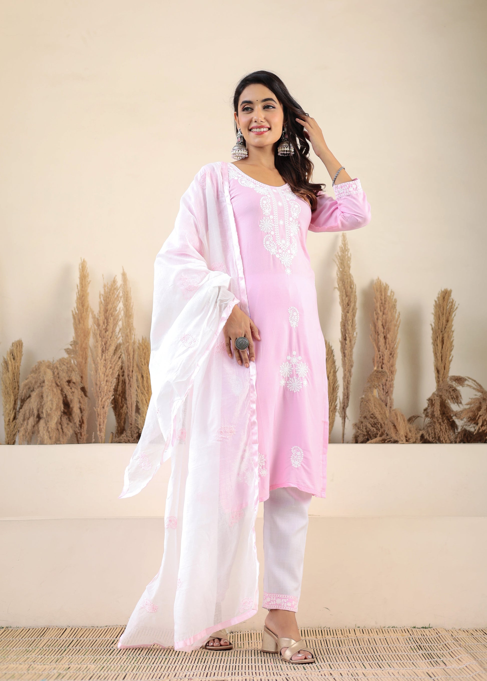 Baby Pink Rayon Chikankari Kurti With Dupatta And Bottom Wear 3 Piece Set For Women