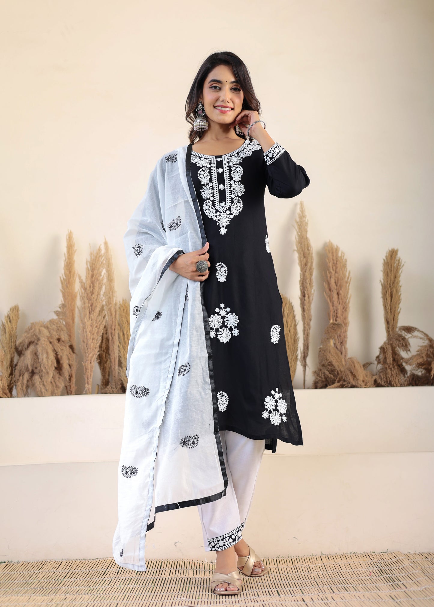 Black Rayon Chikankari Kurti With Dupatta And Bottom Wear 3 Piece Set For Women
