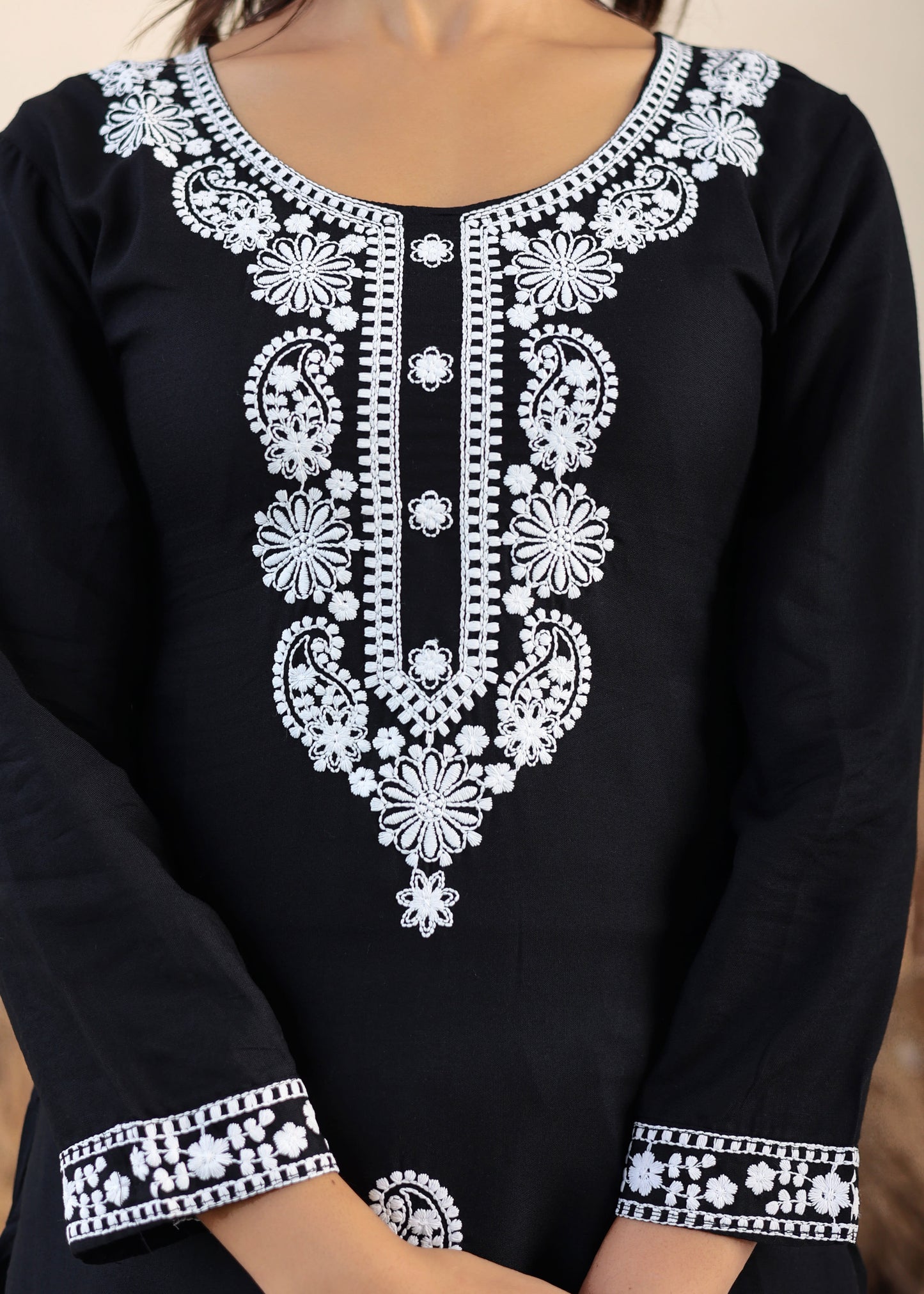 Black Rayon Chikankari Kurti With Dupatta And Bottom Wear 3 Piece Set For Women