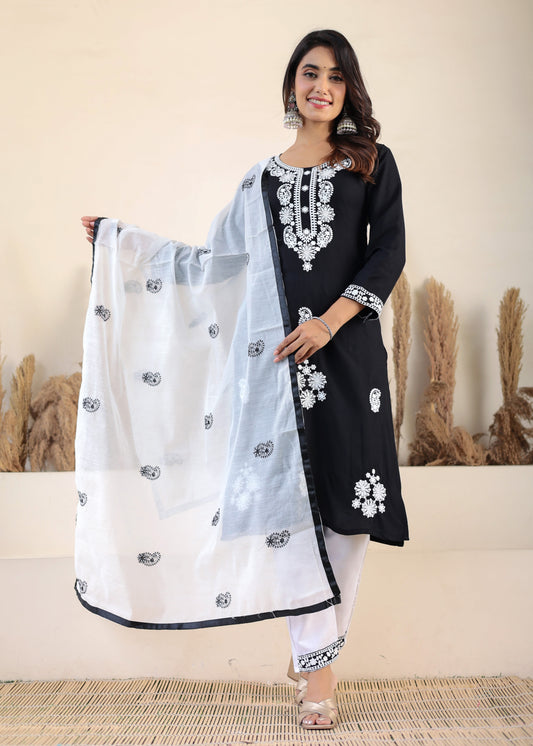 Black Rayon Chikankari Kurti With Dupatta And Bottom Wear 3 Piece Set For Women