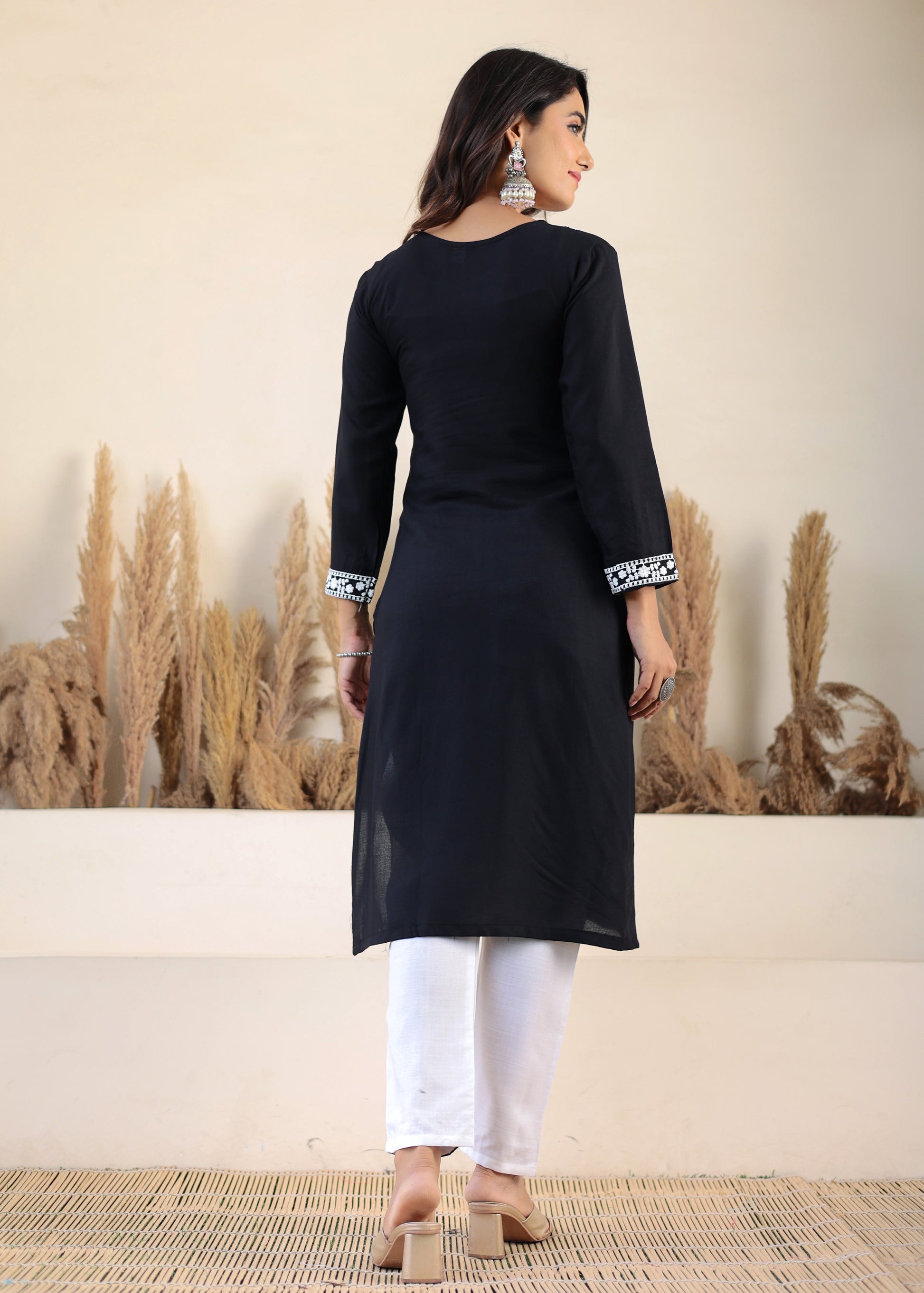 Black Rayon Chikankari Kurti With Dupatta And Bottom Wear 3 Piece Set For Women