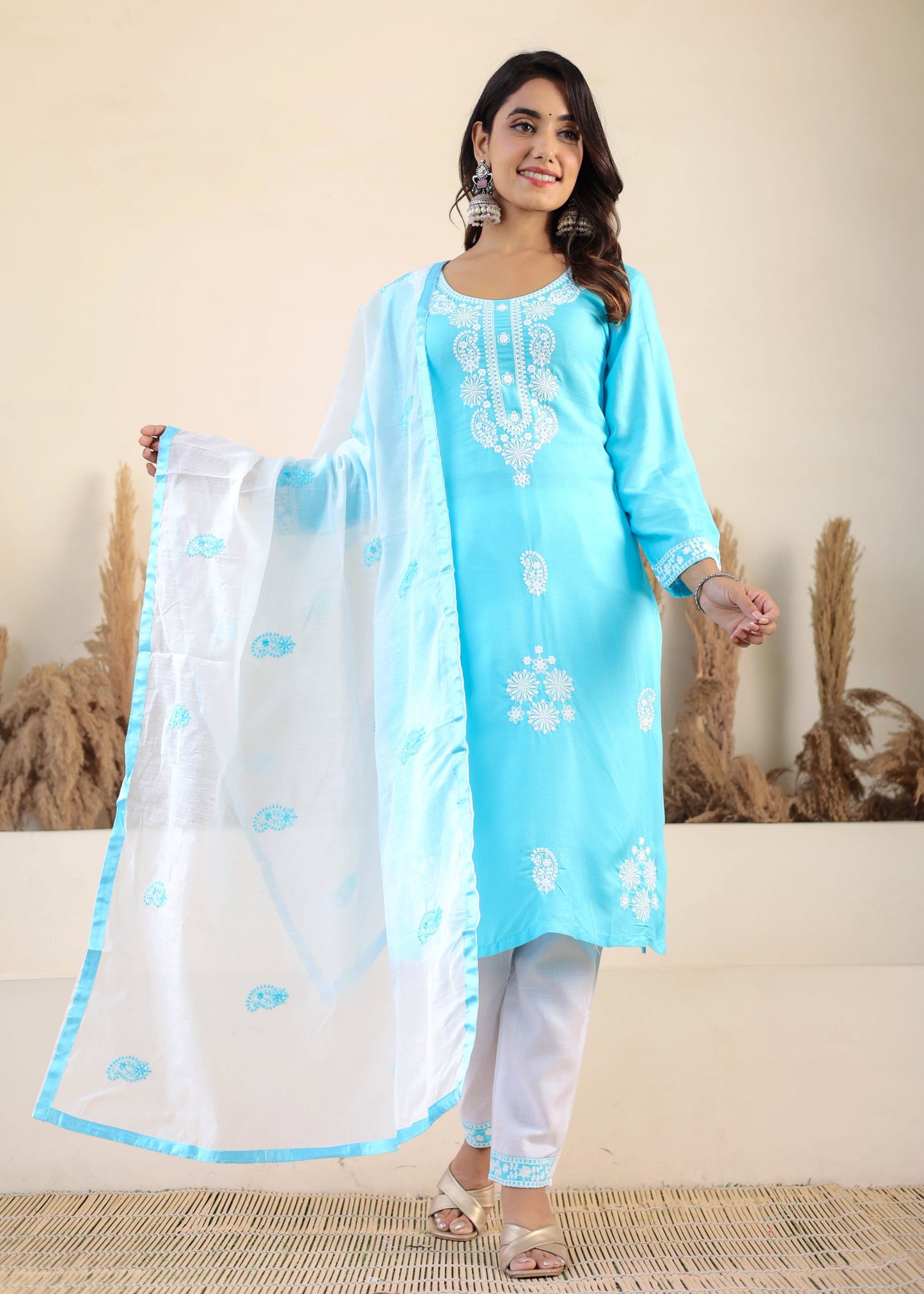 Firoji Rayon Chikankari Kurti With Dupatta And Bottom Wear 3 Piece Set For Women