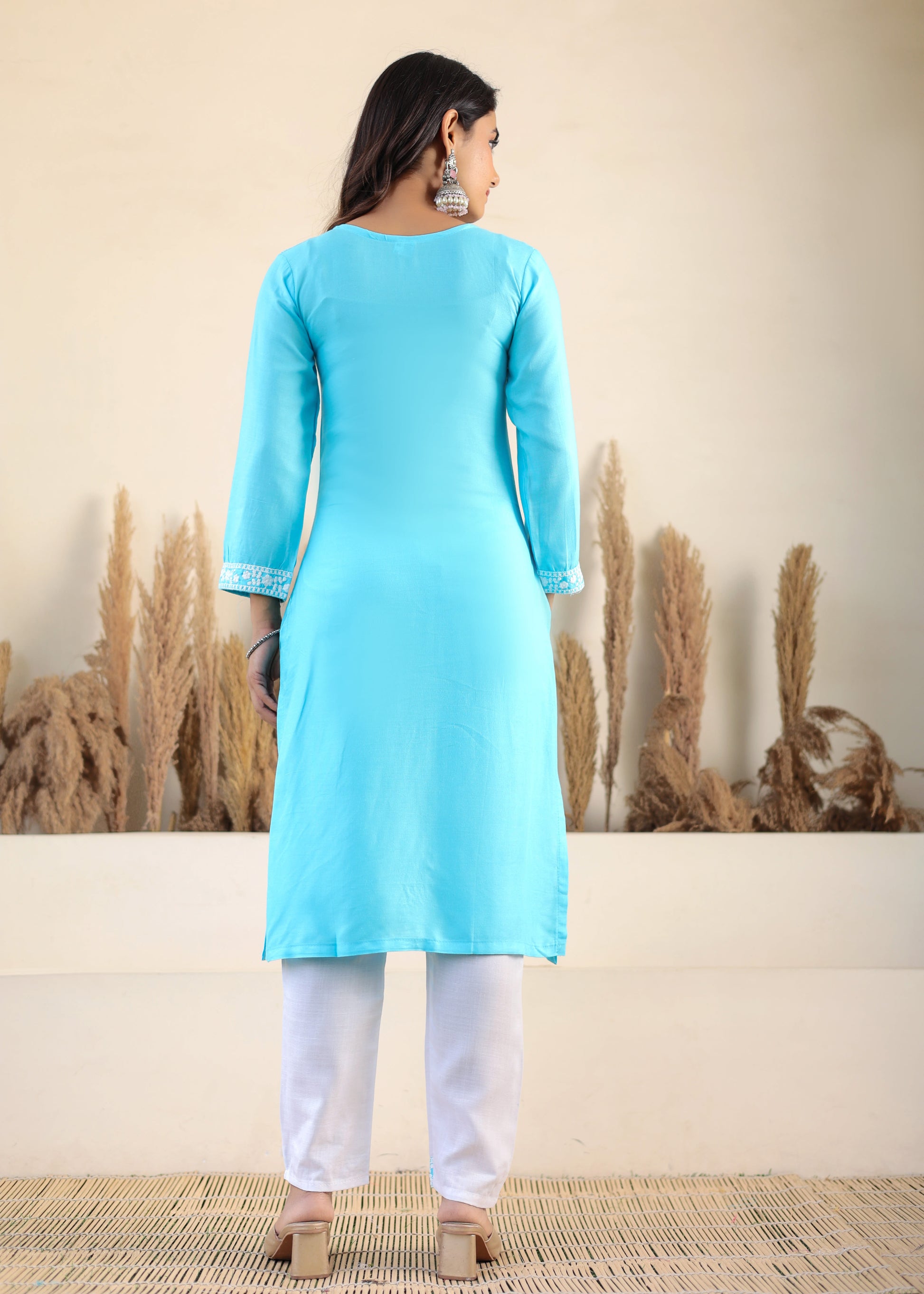 Firoji Rayon Chikankari Kurti With Dupatta And Bottom Wear 3 Piece Set For Women
