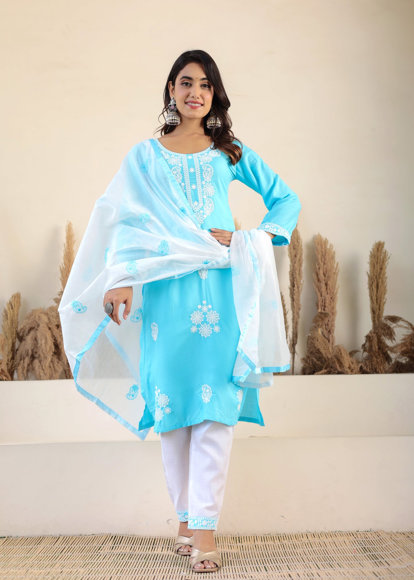 Firoji Rayon Chikankari Kurti With Dupatta And Bottom Wear 3 Piece Set For Women