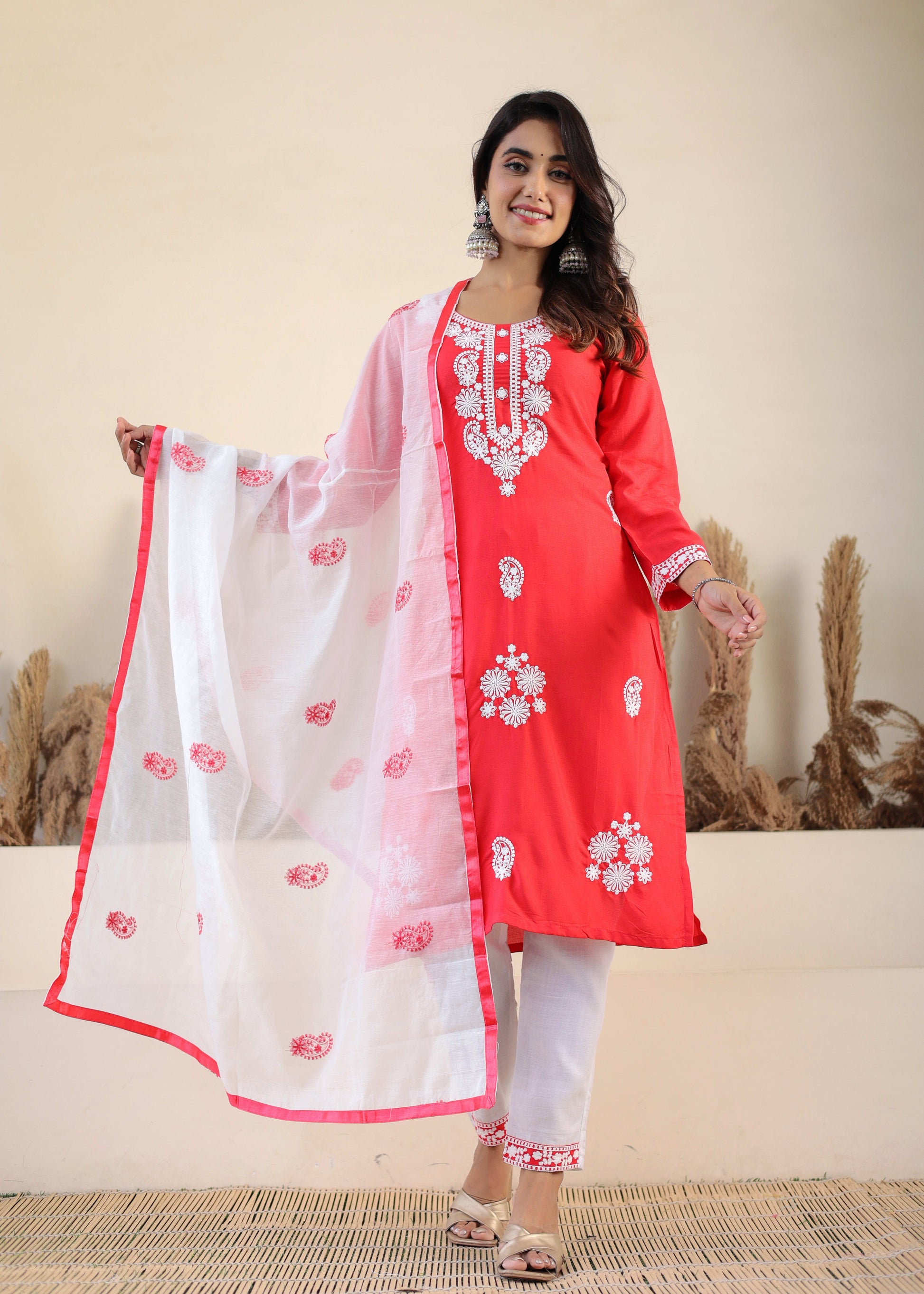 Gajari Rayon Chikankari Kurti With Dupatta And Bottom Wear 3 Piece Set For Women