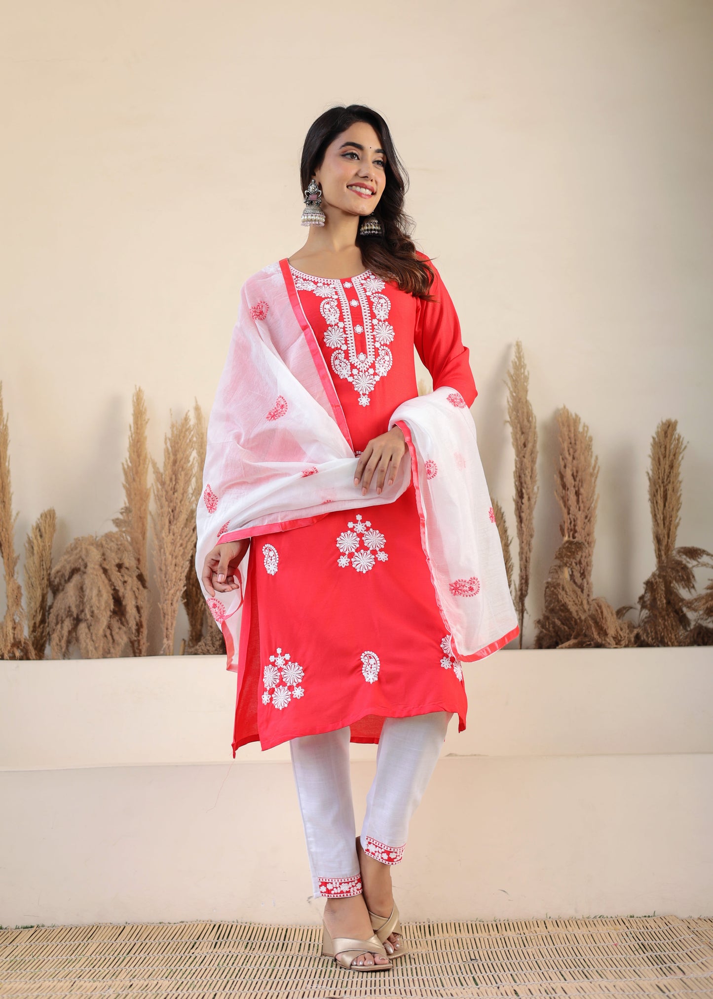 Gajari Rayon Chikankari Kurti With Dupatta And Bottom Wear 3 Piece Set For Women