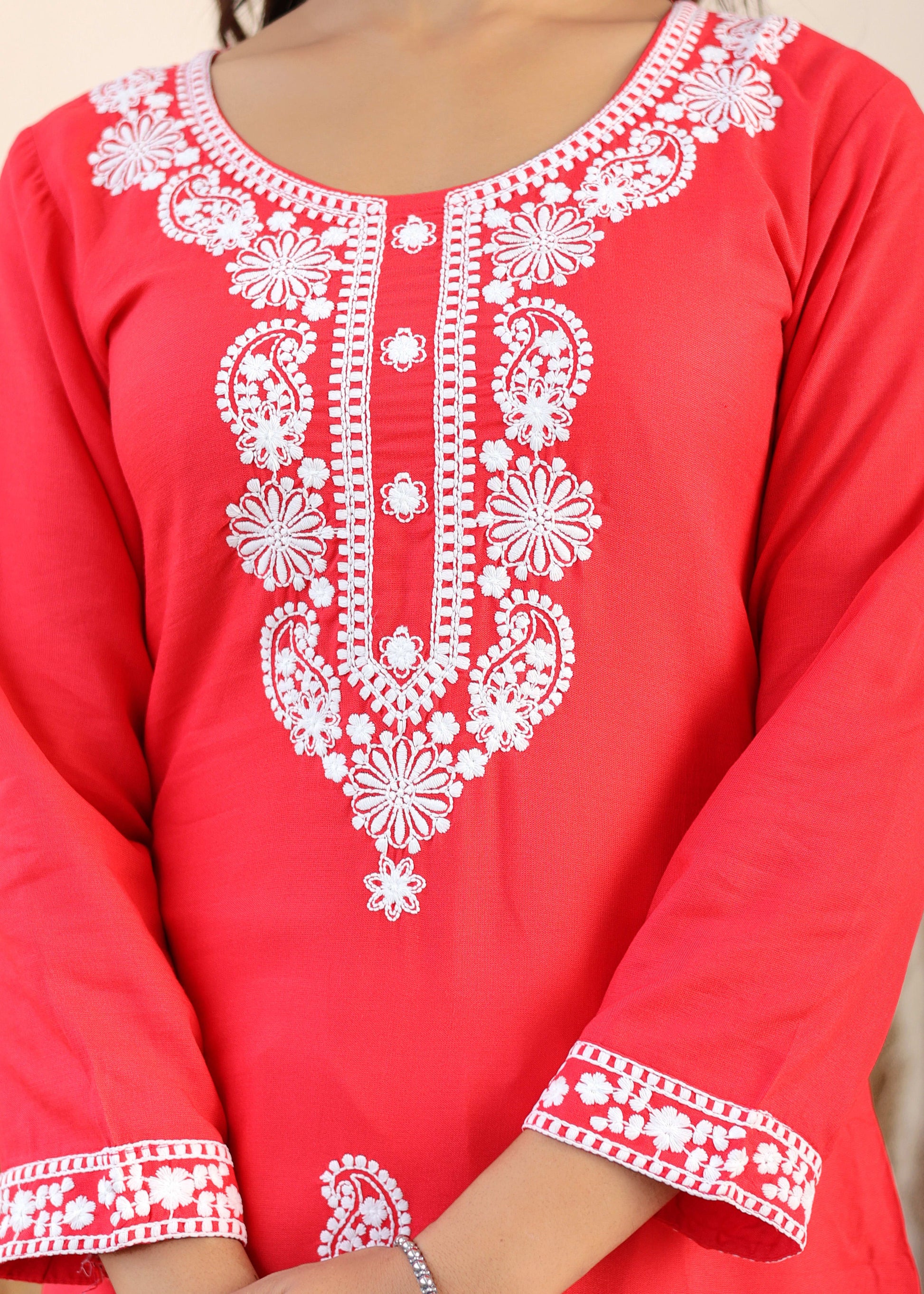 Gajari Rayon Chikankari Kurti With Dupatta And Bottom Wear 3 Piece Set For Women